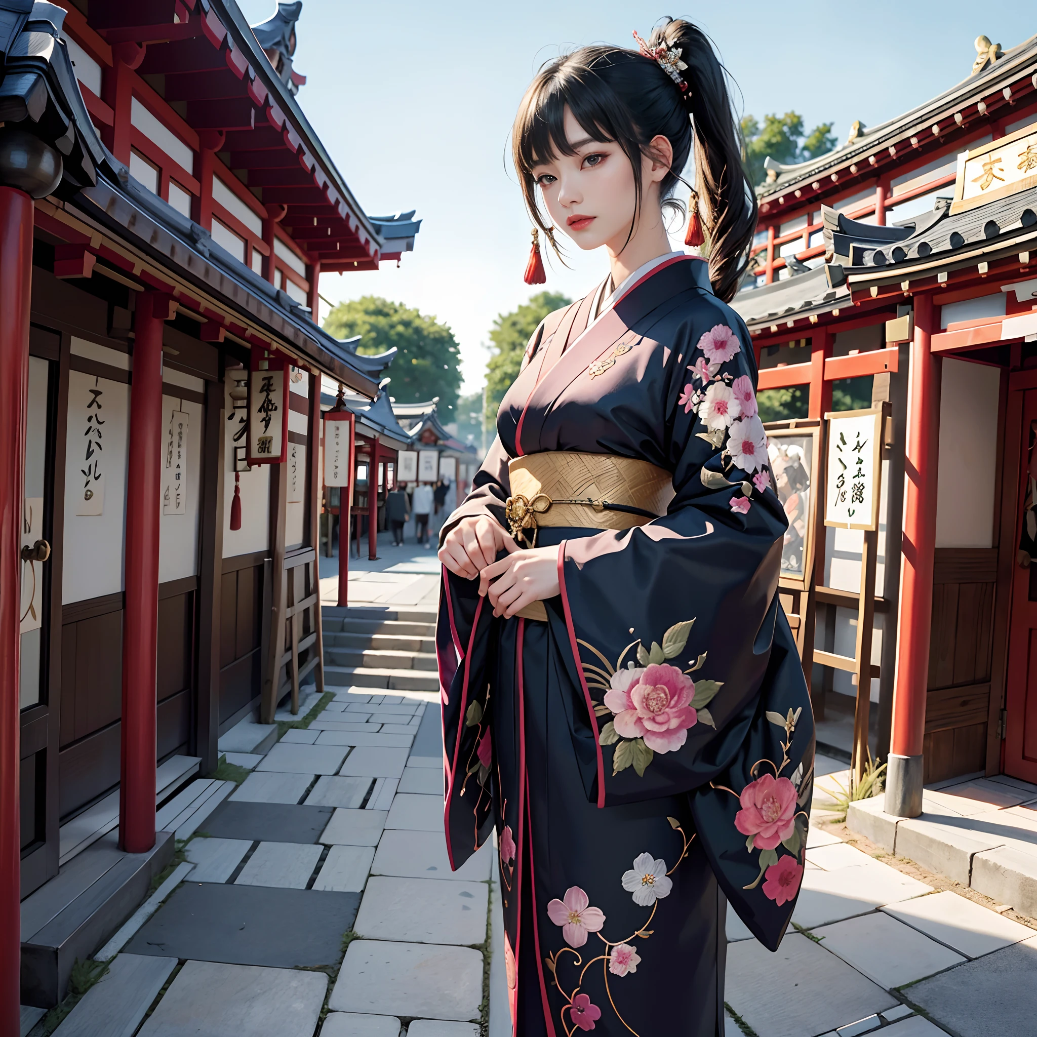 BRAEK,Background of details(Temples and shrines in Asakusa(Crowds)),BREAK,elaborate costume{Luxury kimono(Colorful kimono(detailed embroidery,))}、1womanl(Japanese actressl:1.2)(face perfect(Shy):1.2),Depicting a beautiful and classy adult woman,glossy dark hair(poneyTail:1.2),Heart in the eye, Wallpapers 16K,Blur the background with a sickle,((masutepiece)), ((Best Quality)),{{a portrait photo of}},full body Esbian