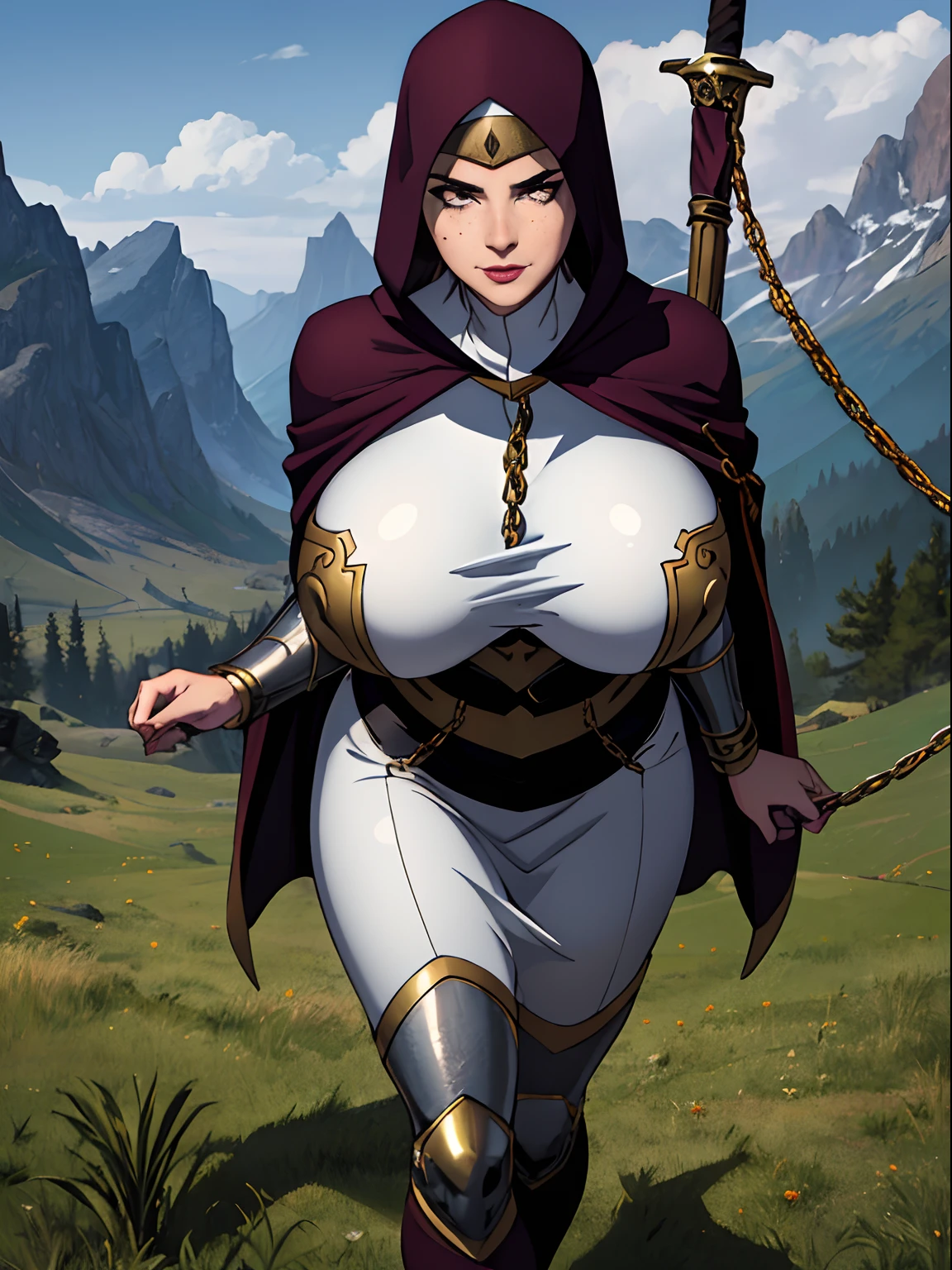 (masterpiece, top quality, best quality, official art, beautiful and aesthetic:1.2), (1girl:1.3), light freckles, fair skin, extremely detailed, portrait, looking at viewer, solo, (full body:0.6), detailed background, close up, (warm grasslands theme:1.1), holy paladin knight, charlatan, smirk, mysterious, swaying in mountains, modest attire, ornate white and gold armor, cowl, nun hood, wimple, boob armor, cowl, robe, chain mail, chainmail, leggings, chainmail leggings, chain mail leggings, breastplate, tabard, gorget, hood, pauldrons, greaves, armored, long boots, longsword, shield, cape, cloak, white fabric, pale leather, ((((gigantic breasts)))), slim waist, slim hips, long legs, medieval (mountain exterior:1.1) background, dark mysterious lighting, shadows, magical atmosphere, dutch angle,