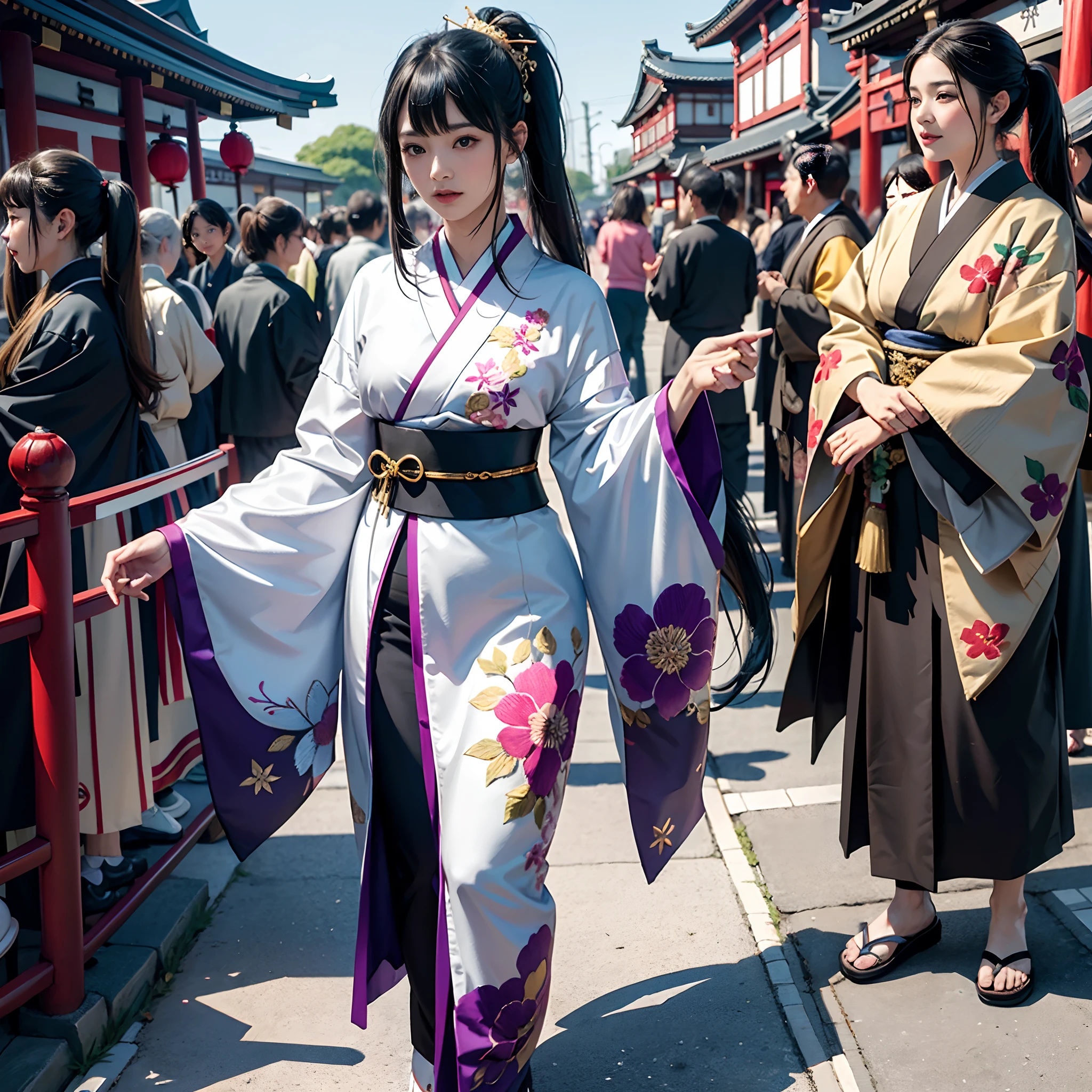 BRAEK,Background of details(Temples and shrines in Asakusa(Crowds)),BREAK,elaborate costume{Luxury kimono(Colorful kimono(detailed embroidery,))}、1womanl(Japanese actressl:1.2)(face perfect(Shy):1.2),Depicting a beautiful and classy adult woman,glossy dark hair(poneyTail:1.2),Heart in the eye, Wallpapers 16K,Blur the background with a sickle,((masutepiece)), ((Best Quality)),{{a portrait photo of}},full body Esbian