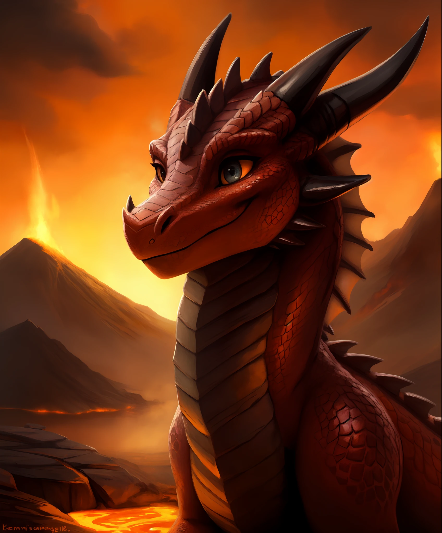(by ozoneserpent:1.1, by Kenket:1.4, by the-minuscule-task:1.2, by zummeng:1.0):1.3, (anthro dragon, furry, woman,, featureless breasts, antrum, extremely detailed, extremely detailed legs, extremely detailed arms, extremely detailed face, perfectly detailed eyes, perfectly detailed anatomy):1.2, solo, perspective, adult, mature body, large body, curved thighs, gorgeous hips, curvature, (cute tail), (dragon horns, dragon scales, dragon muzzle, dragon nose), smiling, smooth scales, wet scales, shiny scales, au natural, half-closed eyes, embarrassed expression, looking shyly at you, chest focus, front perspective, front shot, standing, flowing lava, being shy, beautiful eyes, volcanic setting, thick stone, in volcano, steam, painterly, traditional style,