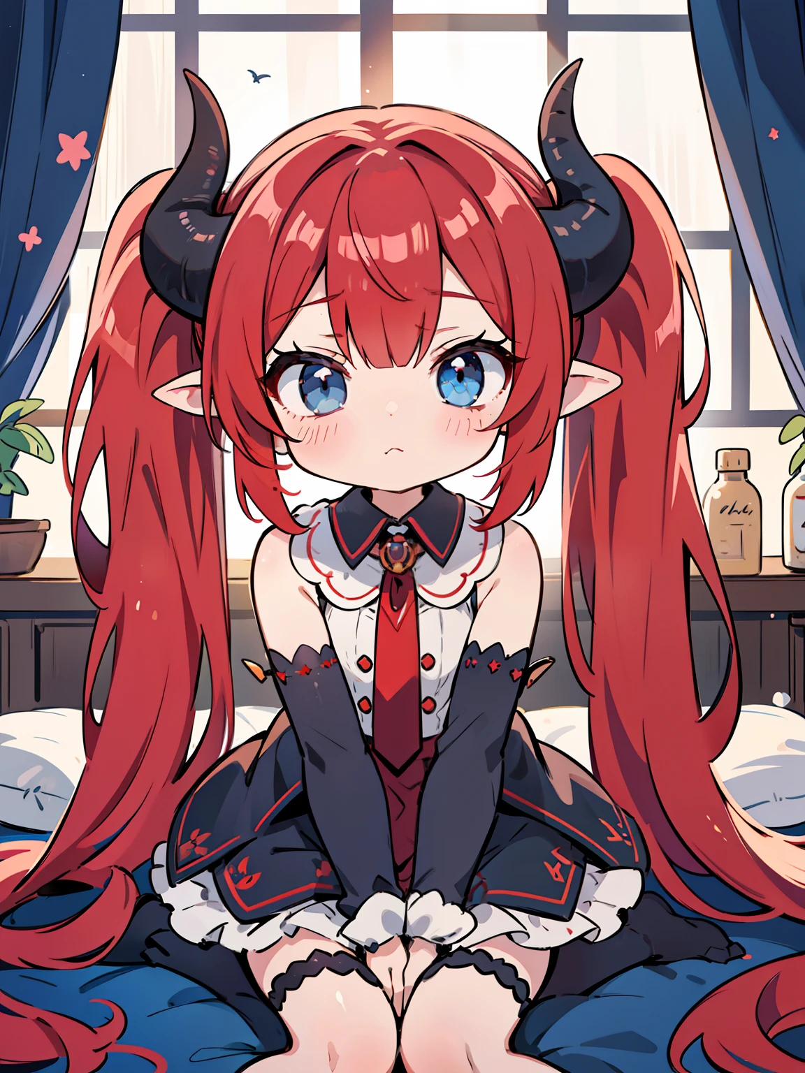 Red hair,Blue eyes,Twintails, Long hair, Solo, Loli, Black stockings,{{Best quality}}, {{Masterpiece}}, {{Ultra-detailed}}, {illustration}, {Detailed light}, {An extremely delicate and beautiful},,Cute,Succubus, demon,Horns