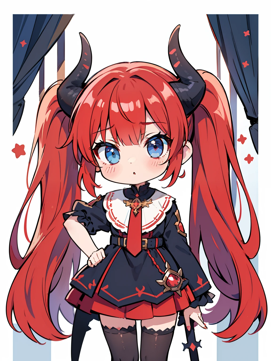 Red hair,Blue eyes,Twintails, Long hair, Solo, Loli, Black stockings,{{Best quality}}, {{Masterpiece}}, {{Ultra-detailed}}, {illustration}, {Detailed light}, {An extremely delicate and beautiful},Little girl,Cute,Succubus, demon,Horns