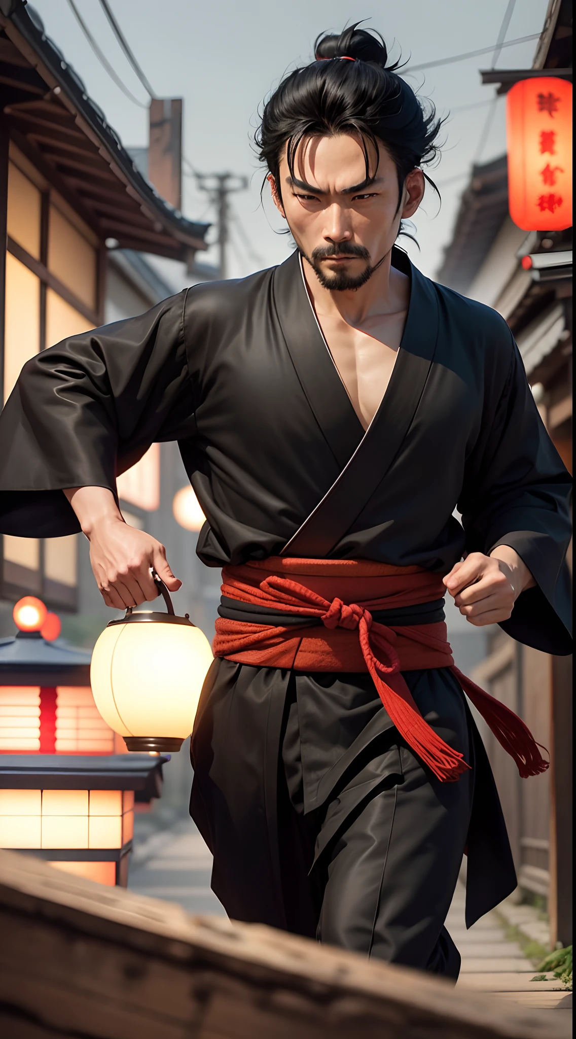 Japanese man,bad guy, kimono,black hair,thief, Japanese edo period, recovered photograph,run in nigt city ,steal money people , bad lighting, dim