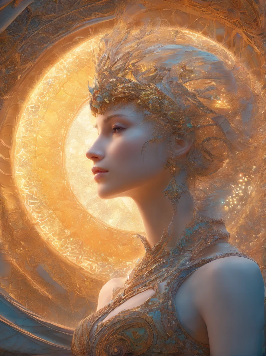 A 3D concept of a character, whose wide emotional spectrum is expressed through the beauty of fractal geometry. Their emotions transition between order and chaos, much like the self-similar patterns of a fractal. They exist amidst a fractal environment, where every element is a reflection of the recursive nature of fractals, creating a visually mesmerizing backdrop. The lighting mimics the fractal patterns, casting intricate shadows and highlights on the character. The camera angle explores the character's multifaceted emotional depth within the fractal world.