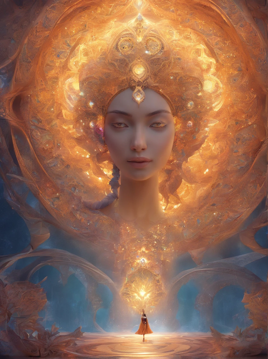 A 3D concept of a character, whose wide emotional spectrum is expressed through the beauty of fractal geometry. Their emotions transition between order and chaos, much like the self-similar patterns of a fractal. They exist amidst a fractal environment, where every element is a reflection of the recursive nature of fractals, creating a visually mesmerizing backdrop. The lighting mimics the fractal patterns, casting intricate shadows and highlights on the character. The camera angle explores the character's multifaceted emotional depth within the fractal world.