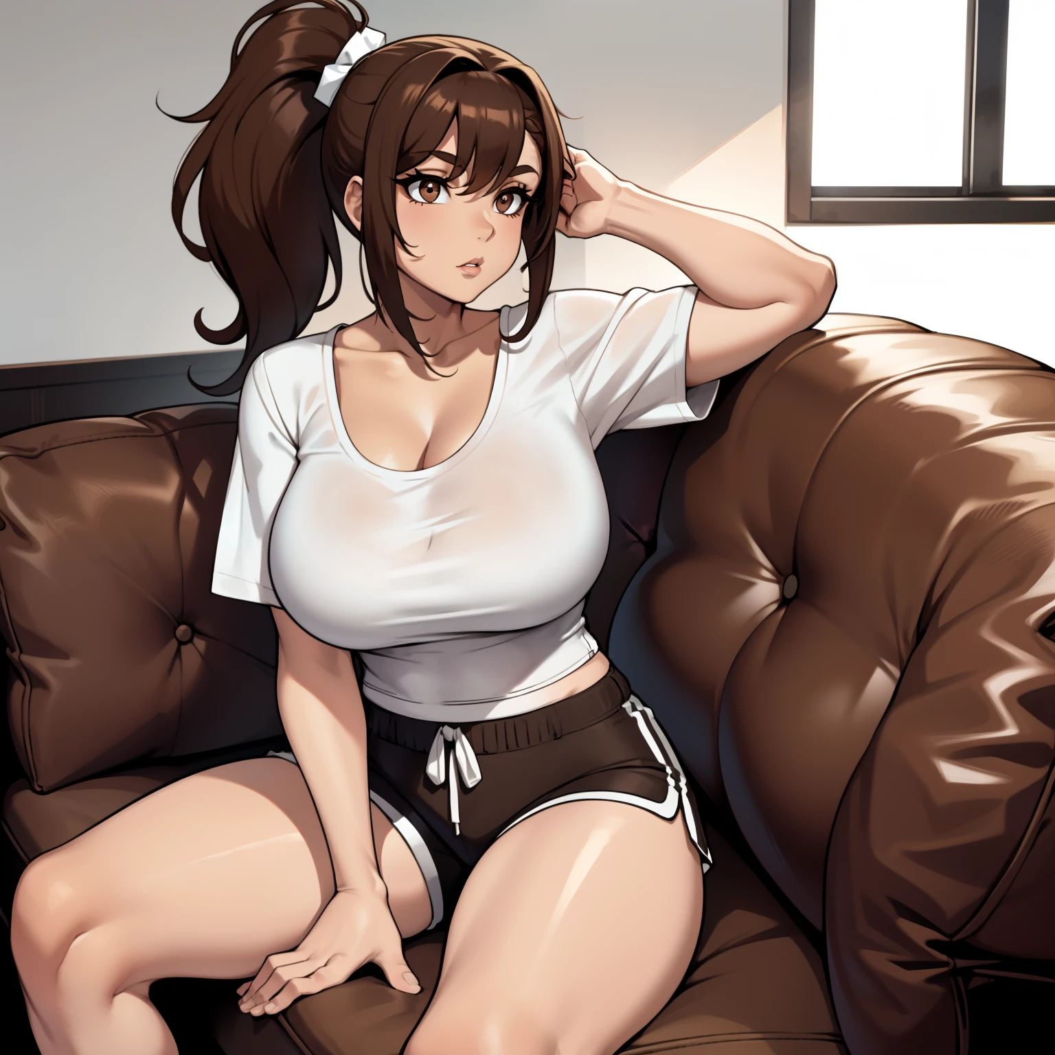 One female with brown hair ponytail, brown eyes, wearing loose short shorts, wearing white t-shirt while sitting on couch, large breasts, showing cleavage