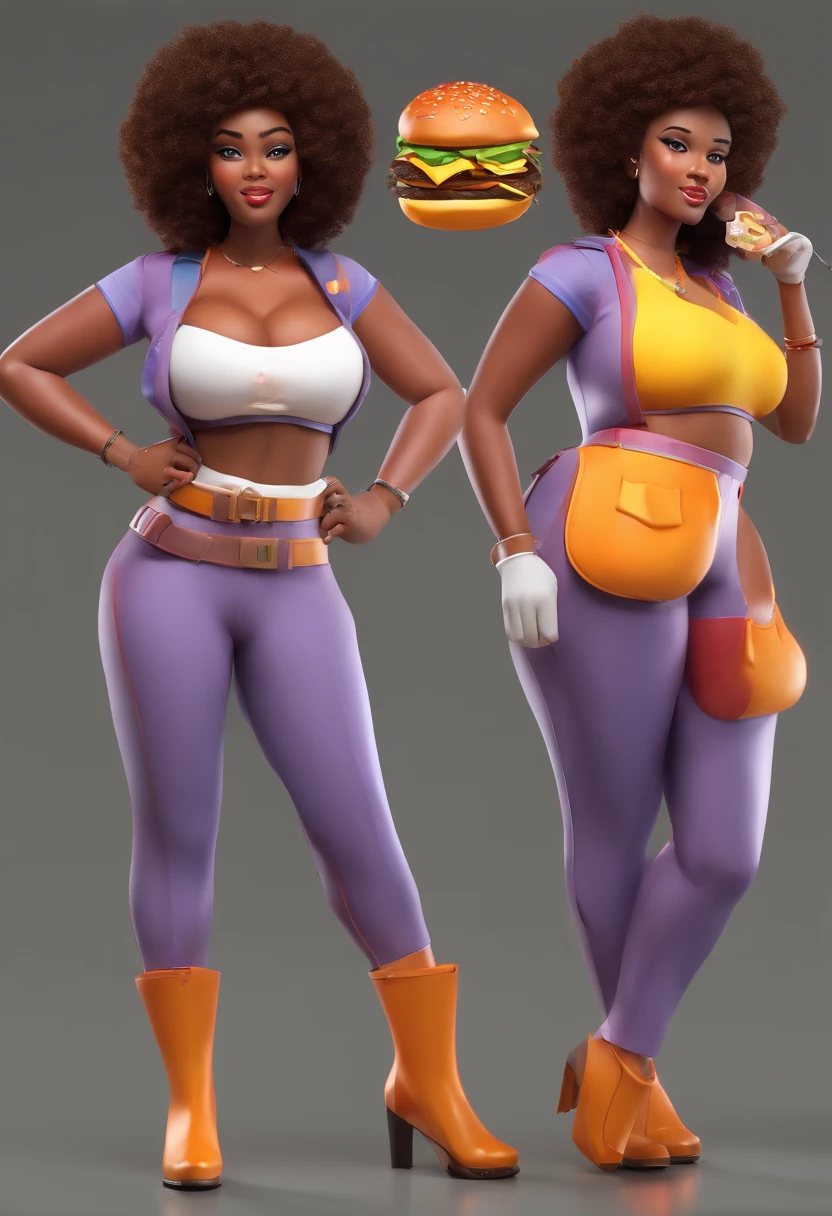(Fast food worker) ghetto, ratchet, afro hair, (black hair color), shiny dark skin, huge point perky breasts, curvy, thicc, bbw, voluptuous body, hourglass figure, belly poking out, fat chubby, eating, tight work clothes