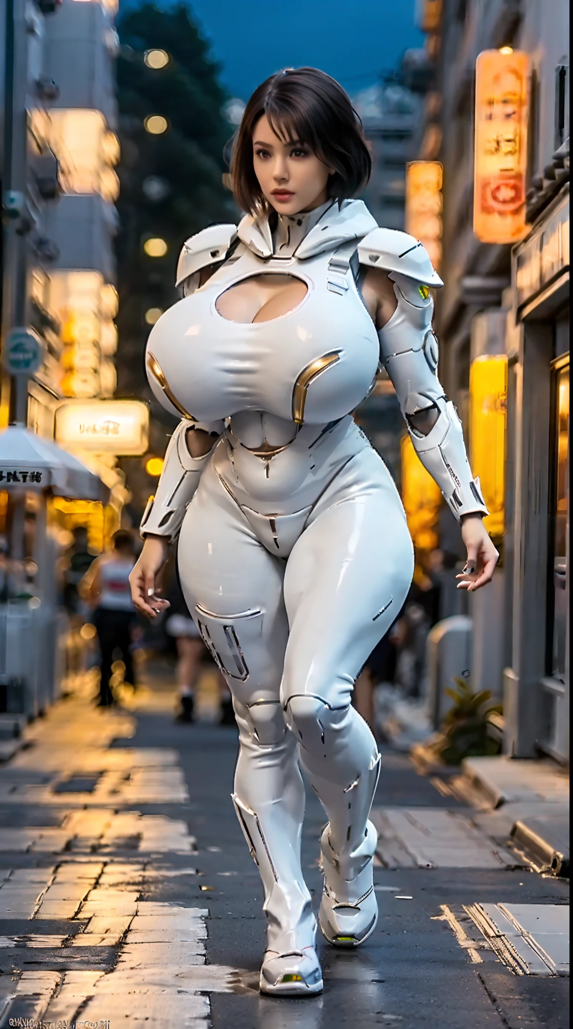 1GIRL, SOLO, (BLACK SHORT HAIR), (HUGE FAKE BOOBS:1.5), (WHITE, GOLD, LIGHT GREEN), (SKINTIGHT FUTURISTIC MECHA BODYSUIT, ROYAL LONG CLOAK, CLEAVAGE:1.2), (SKINTIGHT YOGA PANTS, GUARD MECHA BOOTS:1.2), (SEXY MUSCULAR BODY, MUSCLE ABS, LONG LEGS, FULL BODY VIEW:1.5), (LOOKING AT VIEWER), (WALKING DOWN STREET CYBER NIGHT CITY:1.2), ULTRA HIGHT DEFINITION, 8K, 1080P.