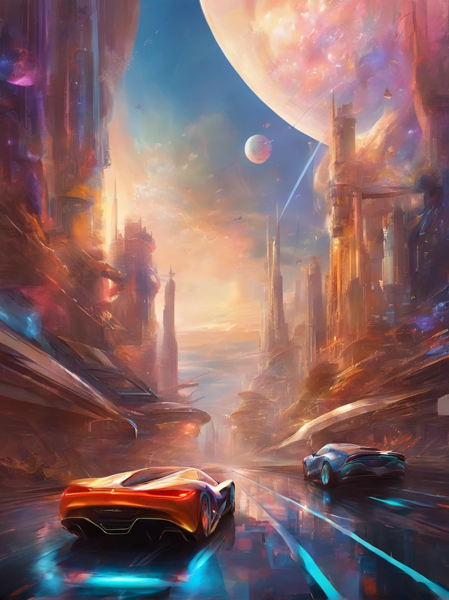 Abstract Expressionism - Surrealism - Realism:
A photo of a futuristic supercar and muscle car speeding through a futuristic urban landscape in 2250. The cars are painted in an abstract expressionist style, with bold and energetic brushstrokes conveying their motion. The environment, while surreal and dreamlike, is depicted with elements of realism. A holographic equation in the sky signifies the fusion of art and science in this futuristic setting.