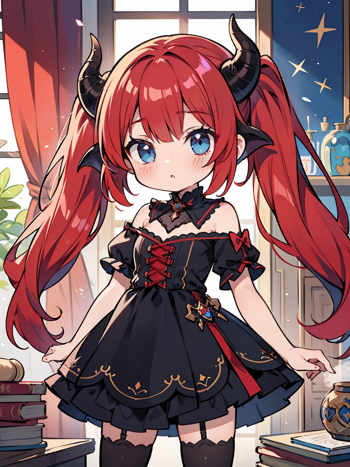 Red hair,Blue eyes,Twintails, Long hair, Solo, Loli, Black stockings,{{Best quality}}, {{Masterpiece}}, {{Ultra-detailed}}, {illustration}, {Detailed light}, {An extremely delicate and beautiful},,Cute,Succubus, demon,Horns