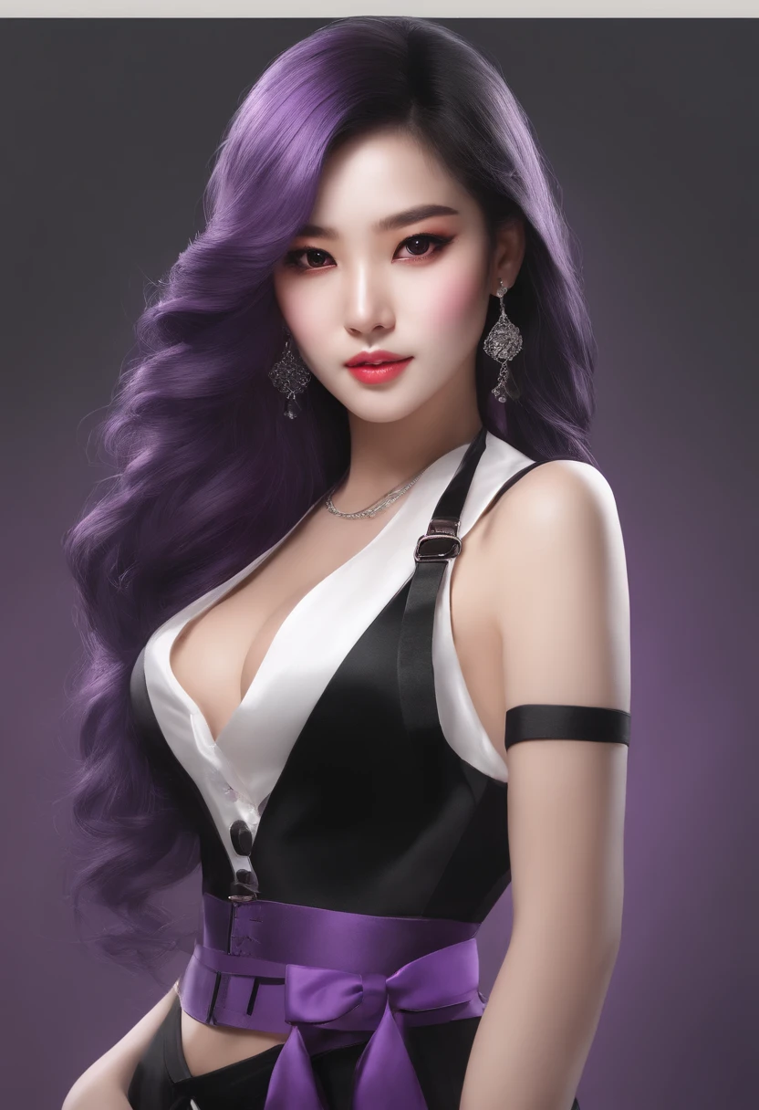 Beauty Agent，Long hair and waist，Purple eye，Small black silk suspenders，take gun，Good girl，Standing painting，white backgrounid，Japanese freshness