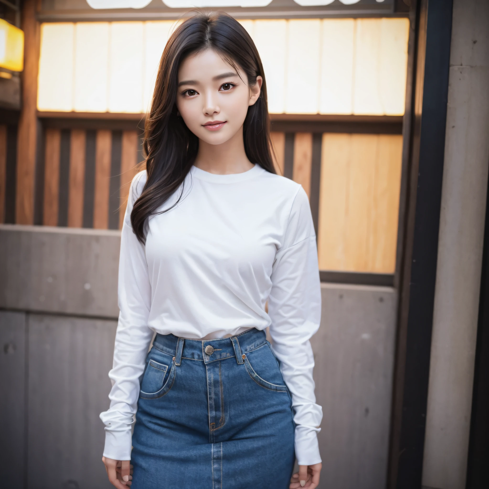 One lady、((best qualtiy、8k masterpieces:1.3))、foco nítido:1.2、(ultra beautiful faces:1.0)、(shinny skin:1.0)、photos realistic、A dark-haired、Video Lighting、High-definition eyes and face、Video Lighting、(Korean Cute Actress)、from the front side、medium breasts、Smile、Slender Abs Beauty、Whole body、wearing t-shirts、in tokyo at night