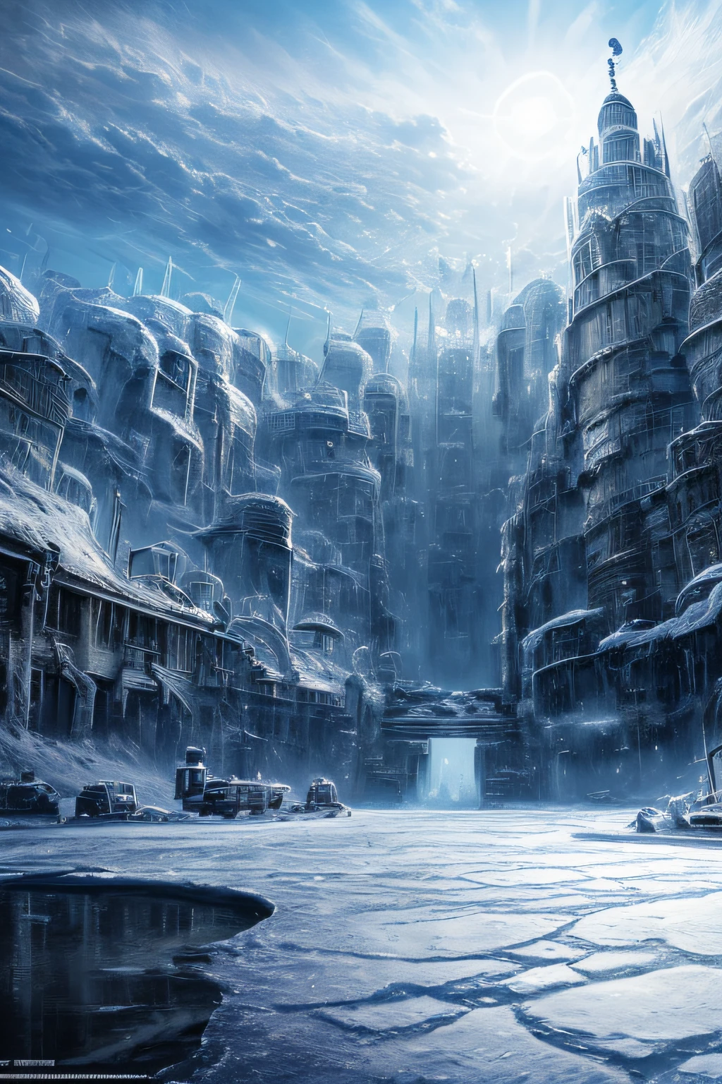 tmasterpiece,Best quality at best,high high quality,the Extremely Detailed CG Unity 8K Wallpapers,(Armageddon:1.4),(Drowned in ice:1.2),Dilapidated city,Dilapidated streets,ice planet, Frost Punk, ice lord,ice city in 2 0 8 0