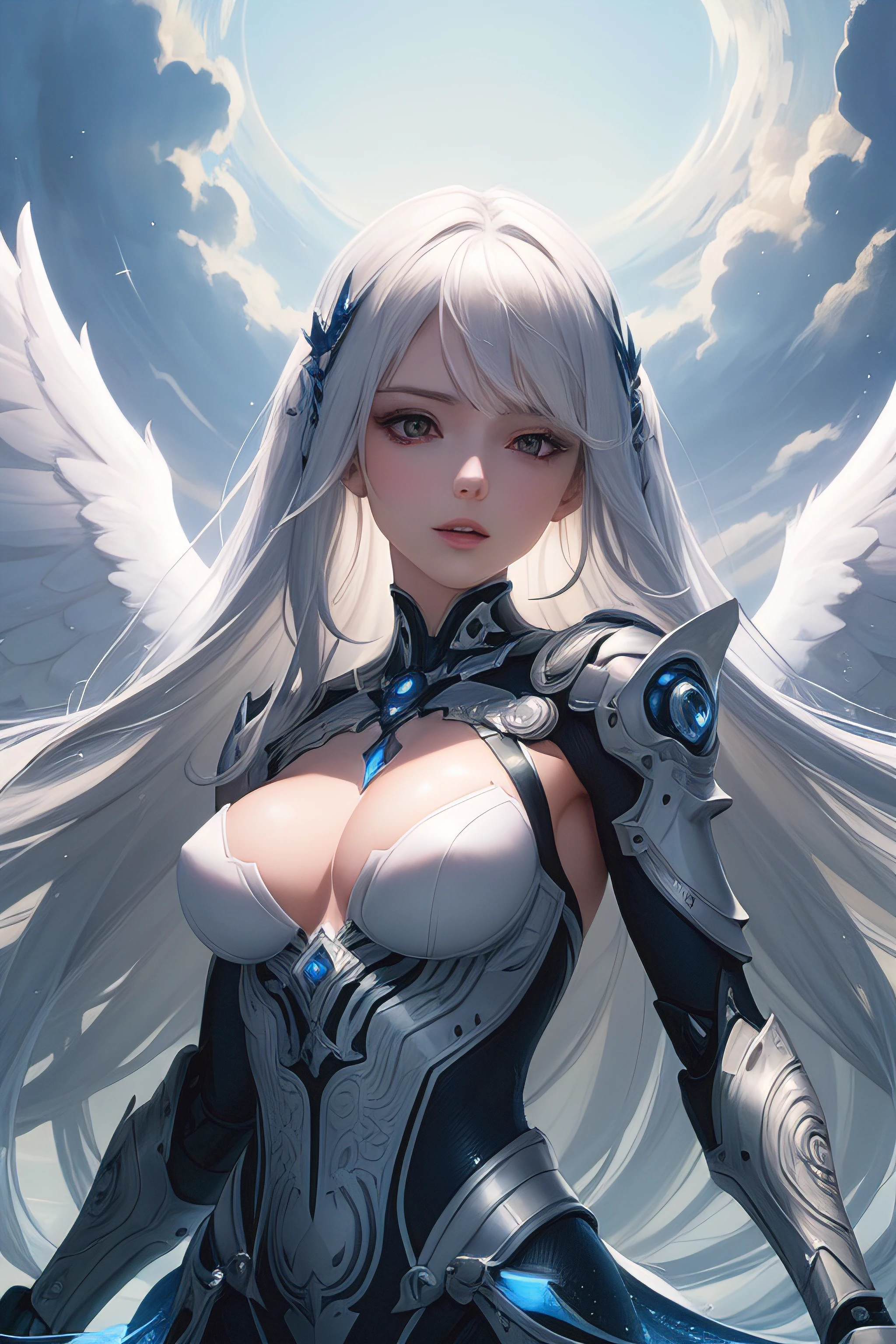 illustration of a woman, (long hair), (flowing hair), (white hair), face shadow, finely detailed, fantasy dress, medium breasts, original, highres, (angelic landscape), (divine background), majestic aesthetic, pure aura, happy theme, colourful refraction, dishevelled hair, marvellous illustration, detailed splash, masterpiece, best quality, (magical:1.1), ray tracing, (face shadow), (intricate detailed:1.2), (ultra detailed:1.2), (detailed light), dynamic pose
,Mecha musume