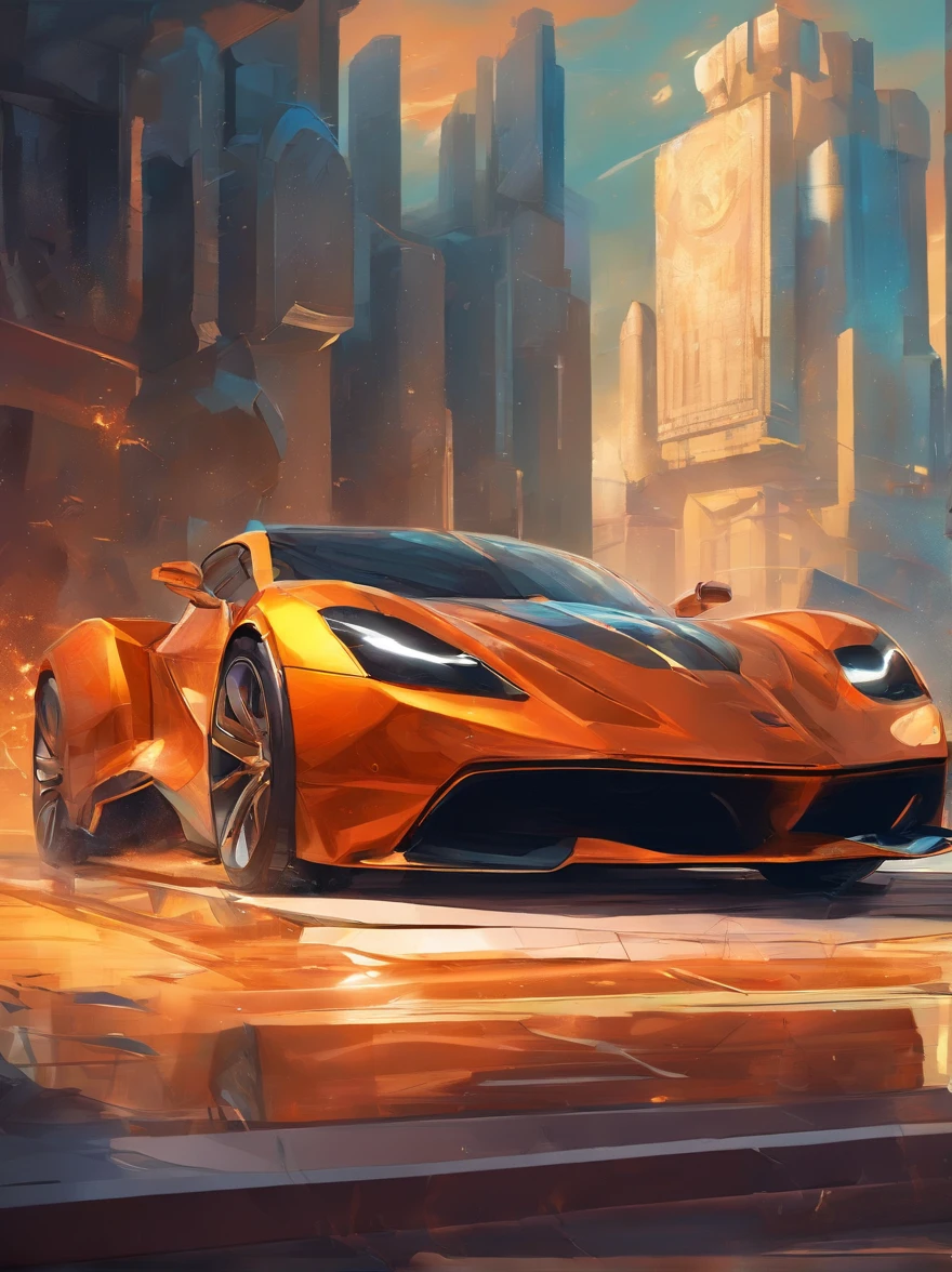A photo of a futuristic supercar and muscle car positioned as if they were subjects of a Renaissance-era portrait in the year 2250. The cars are depicted with meticulous detail and realistic lighting reminiscent of Renaissance paintings. However, they are surrounded by a cubist and futurist background, featuring fragmented and dynamic elements. On an antique scroll in the scene, a futuristic mathematical equation bridges the gap between past and future.