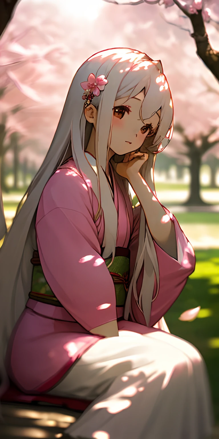 (​masterpiece、top-quality)、One girl with long white hair sitting under a cherry tree、Put your hands under your chin、Warm lighting、Pink kimono、blurred foreground