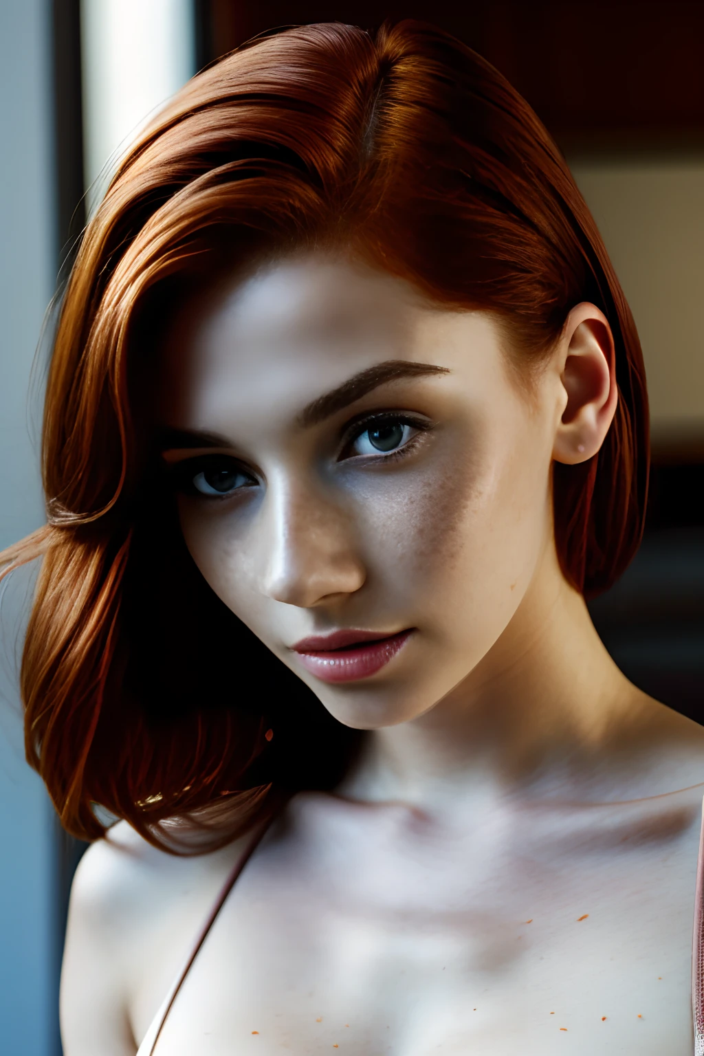 1girl in, 19, Solo, Aesthetic artwork,  redhead, auburn hair, hair pulled back, some small freckles, pale skin, B cup Breasts, B-cup, fit body, close up, detailed skin texture, (extremely detailed 8k wallpaper), soft lighting, high quality, film grain, Fujifilm XT3 sharp focus, f 5.6, 50mm, High Detail, Sharp focus,(natural light), (seductive) crazy details, complex details, hyperdetailed, shyness,