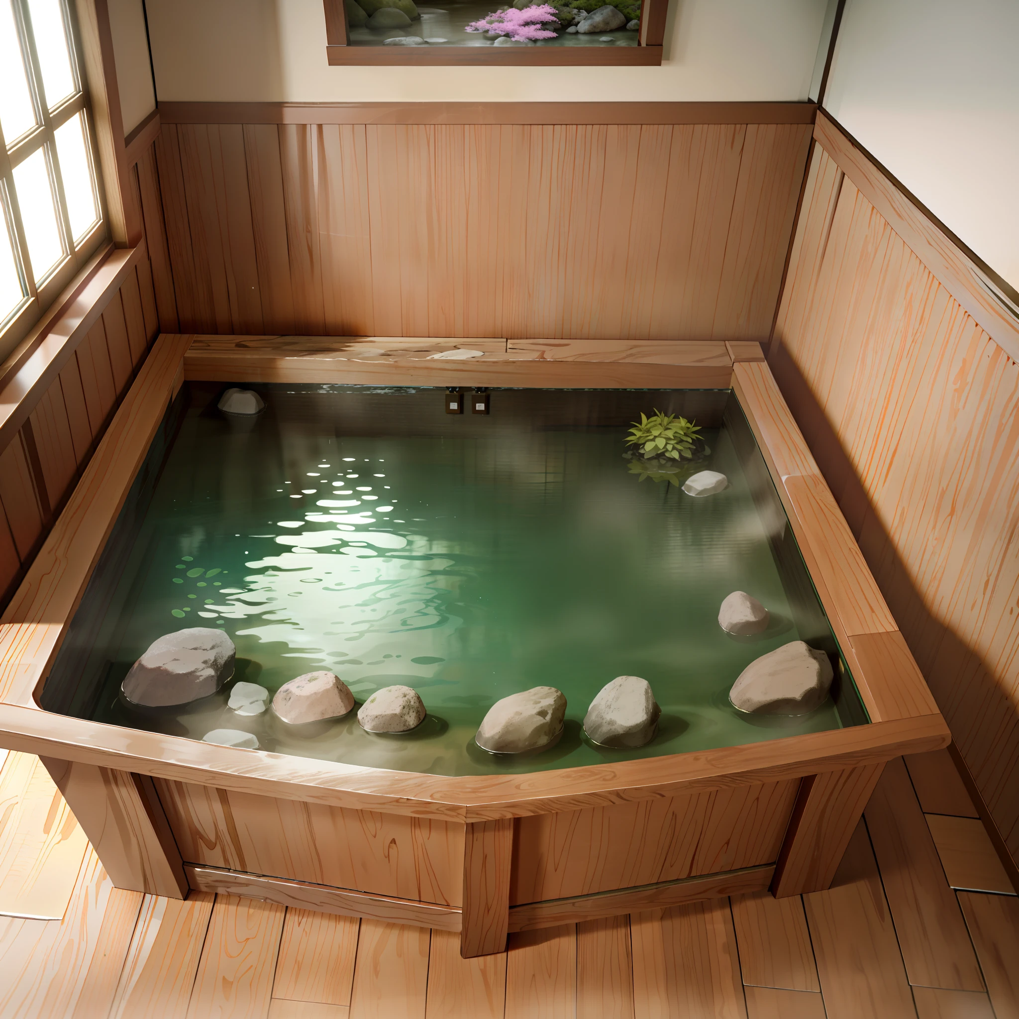 there is a bathtub with rocks in it in a room, japanese bathhouse, japanese onsen, onsen, small wellness relaxation pool, high-end onsen, rendered in unreal engine 3d, with a miniature indoor lake, small pond, inspired by Tōshi Yoshida, inspired by Shūbun Tenshō, green oozing pool pit