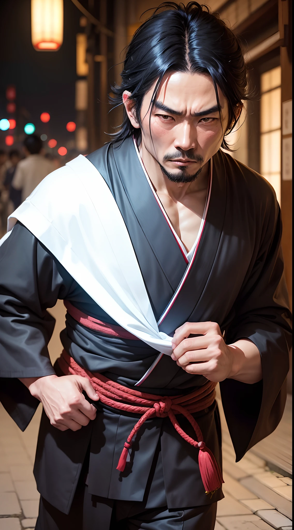 Japanese man,bad guy, kimono,black hair,thief, Japanese edo period, recovered photograph,rattack people in nigt city ,steal money people , bad lighting, dim