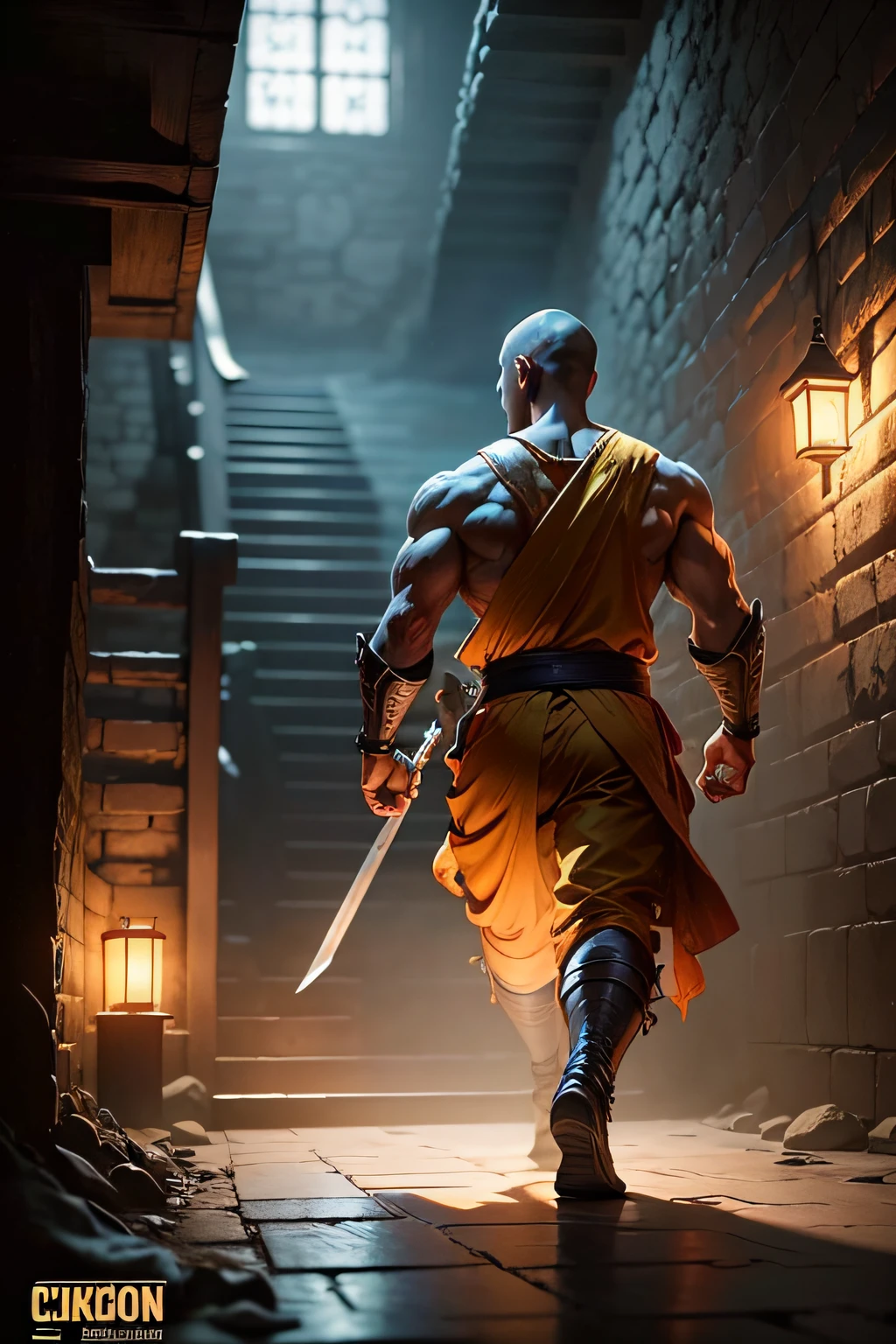 (1 page of a comic book with many plots), (A Shaolin monk calmly walks through a dark dungeon), calm face, (Looks calm:5,0), Dark corners and the exit from the dungeon is visible, comic style, Multiple images in one frame, Action storyboard, Best Quality, Highest Resolution, Extreme detailing, maximum definition
