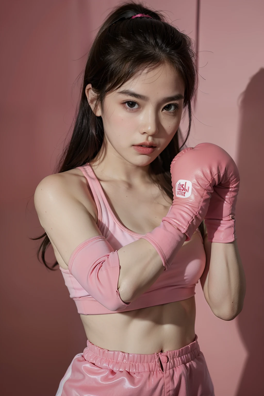 Wearing pink boxing gloves，fist training，Side bust photo，Fist swinging action，Ultra HD UHD，超高分辨率，1.4x realism Ultra HD