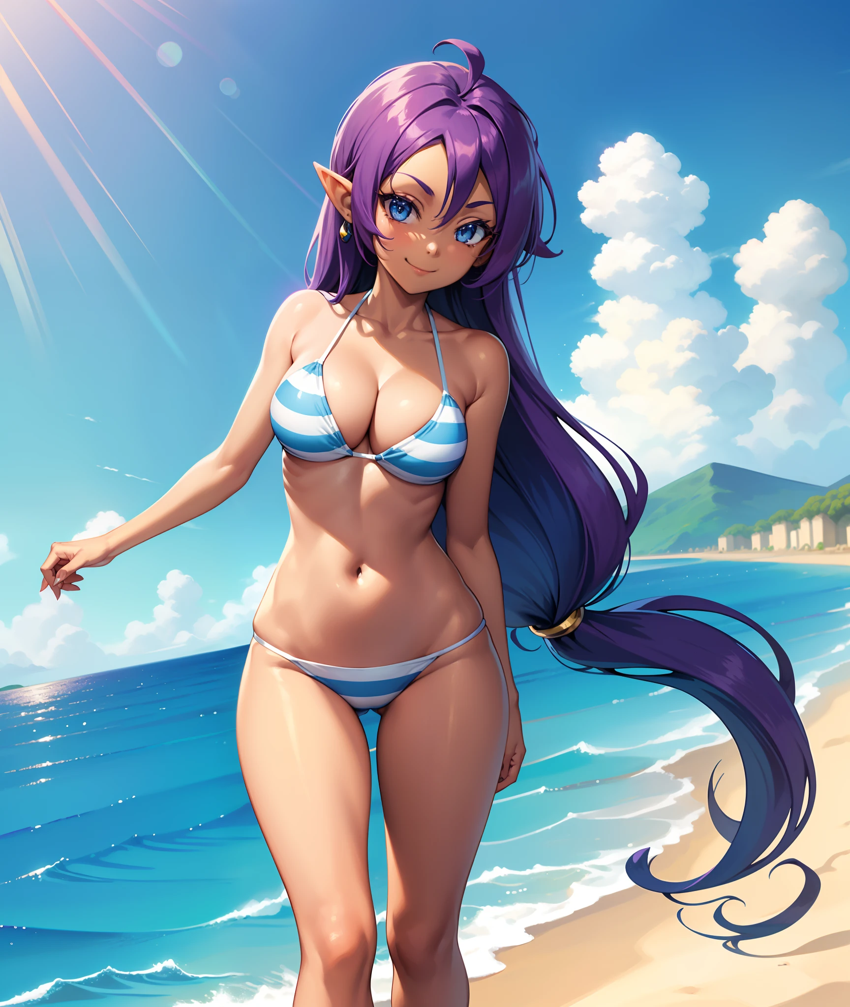 [shantae], ((masterpiece)), ((high quality art)), ((HD)), ((full body)), ((solo portrait)), ((front view)), ((cute)), ((feet visible)), ((anime)), ((wayforward artstyle)), ((detailed shading)), ((intricate details)), {shantae; (dark skin), big cute round blue eyes, long back-legnth hair), purple hair, short eyelashes, (cleavage), (gorgeous hips), (thicc tighs), (beautiful defined legs), (cute smile), (white teeth)}, {(light-blue striped bikini)}, {(walking), (arms at side), (looking at viewer)}, [Background; (beach), (sun rays), (blue sky), (beautiful ocean)]