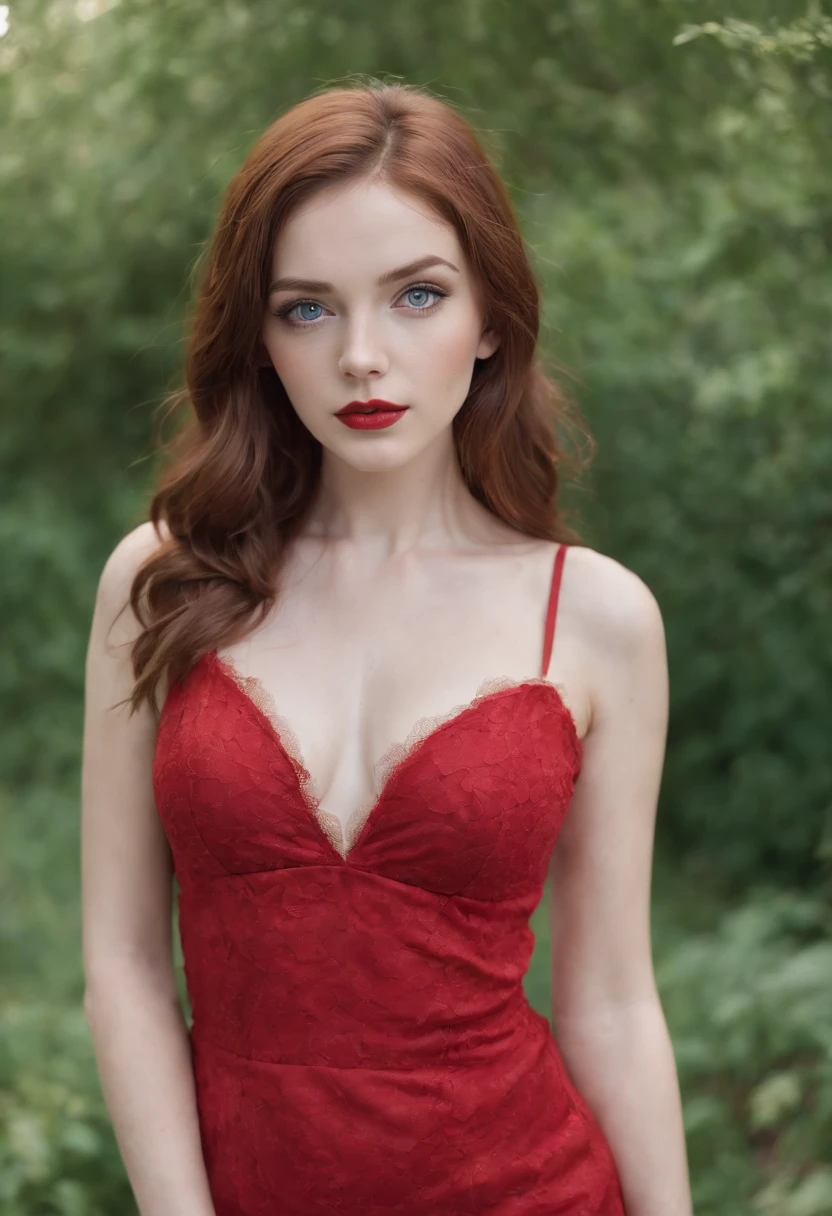 reddish brown hair girl, blue eyes, beautiful, full body, small breasts, wearing a red short dress with fishnet stockings, high heels, red lipstick, full body from head to feet