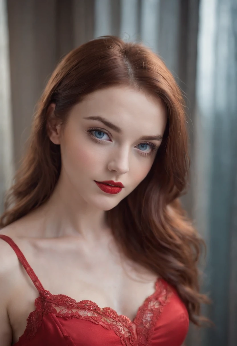reddish brown hair girl, blue eyes, beautiful, full body, small breasts, wearing a red short dress with fishnet stockings, high heels, red lipstick, full body from head to feet