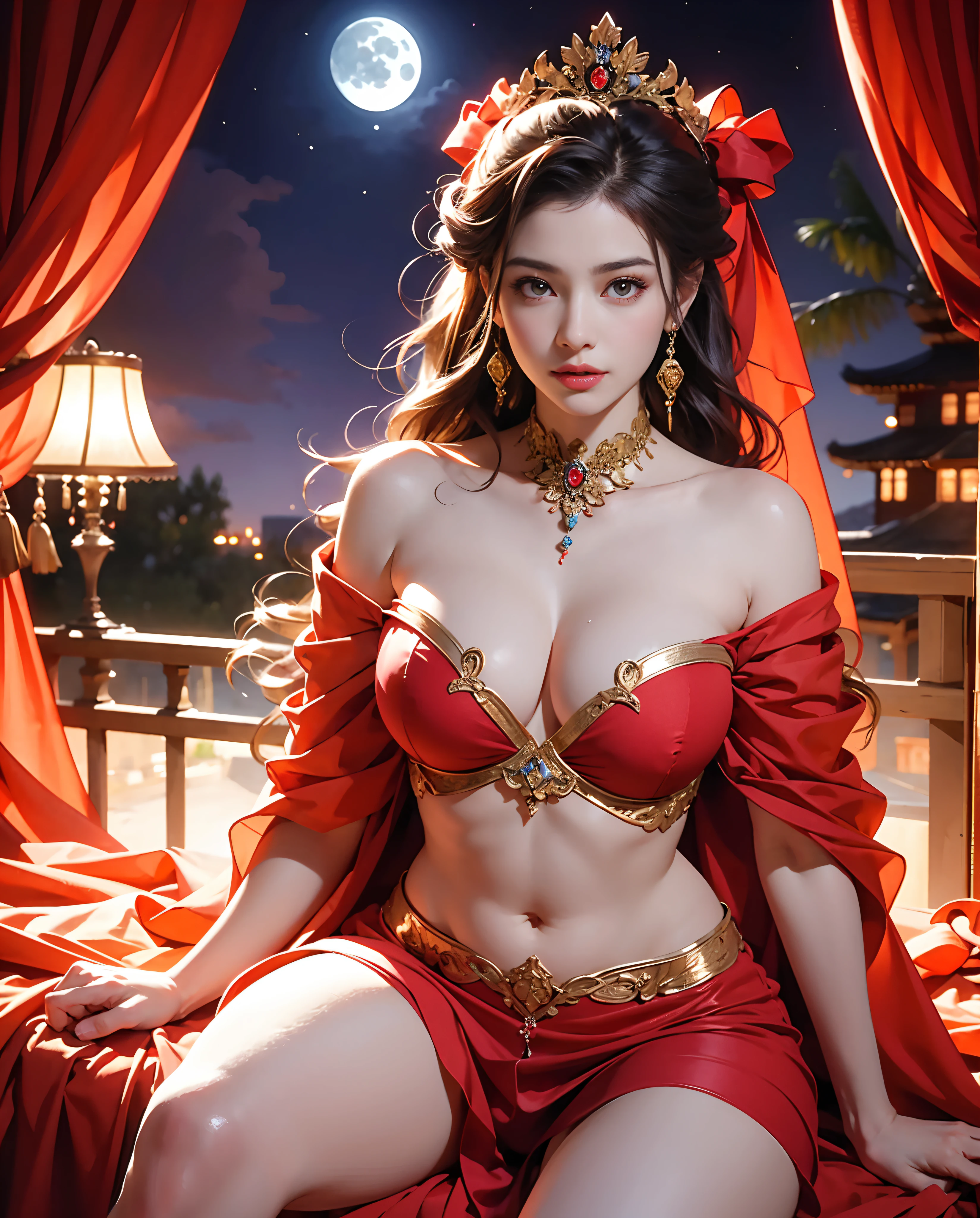 Best quality, masterpiece, meticulous detail, realistic, 1 girl, a hot beautiful princess sitting in the heavenly garden under the moonlight, big breast, big hips, long leg, sexy, full body, blissful