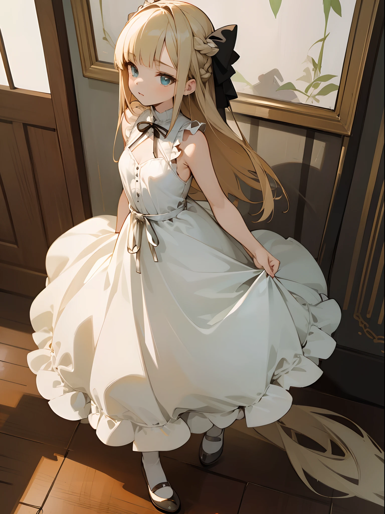 Reines, 1girl, high quality, best quality, illustration, masterpiece, (highly detailed:1.2), (extremely detailed:1.3), small breasts, child, sleeveless, white dress, young girl, string ribbon, short skirt, full body, braid, looking at viewers, petite, in a house