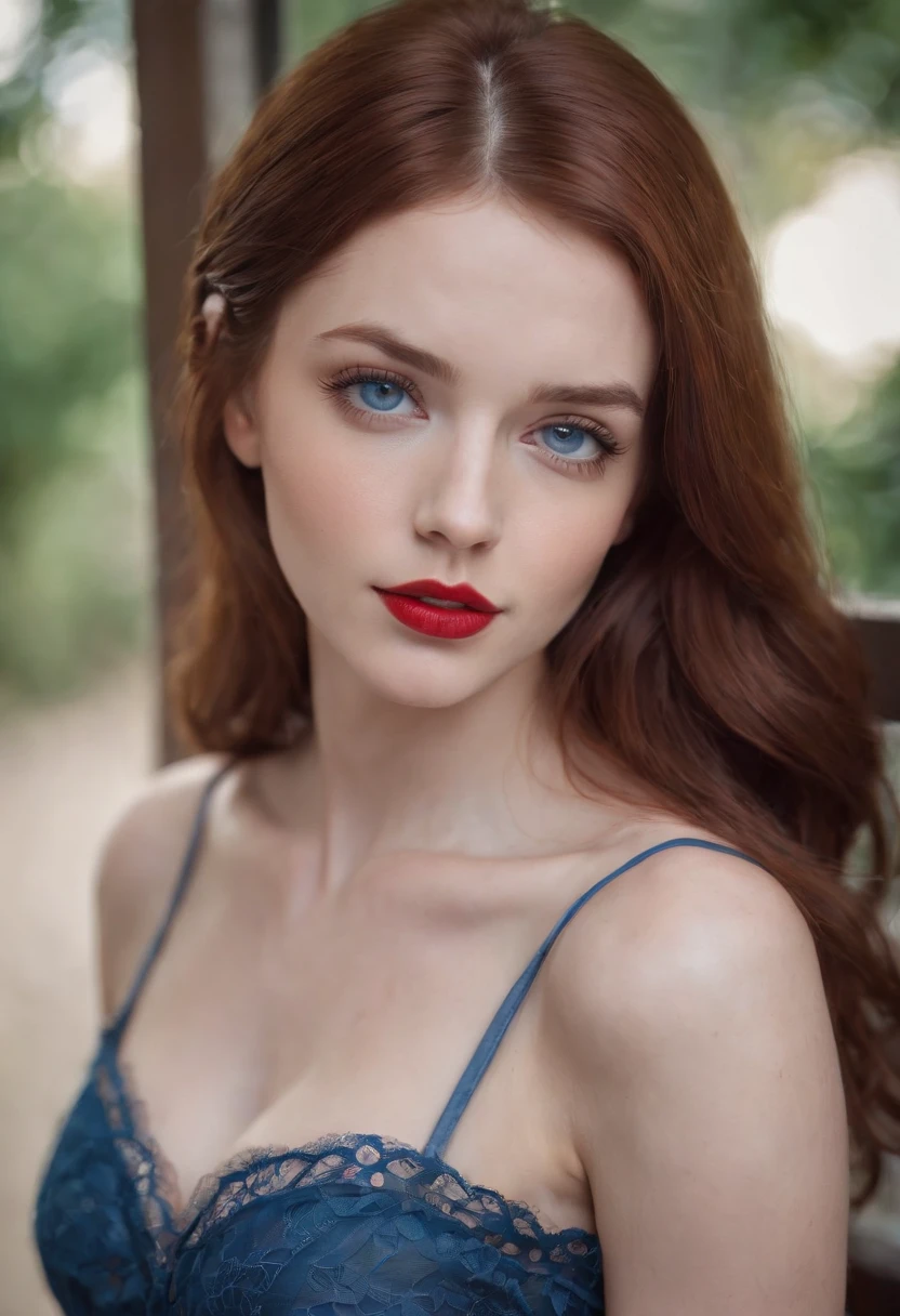 reddish brown hair girl, blue eyes, beautiful, full body, small breasts, wearing a blue short dress with fishnet stockings, high heels, red lipstick, full body from head to feet