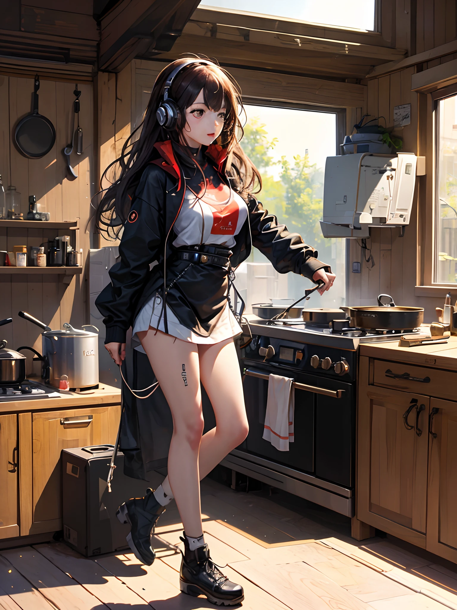 Listening to music in the kitchen with headphones、Girl dancing in Norinori。Images are high definition