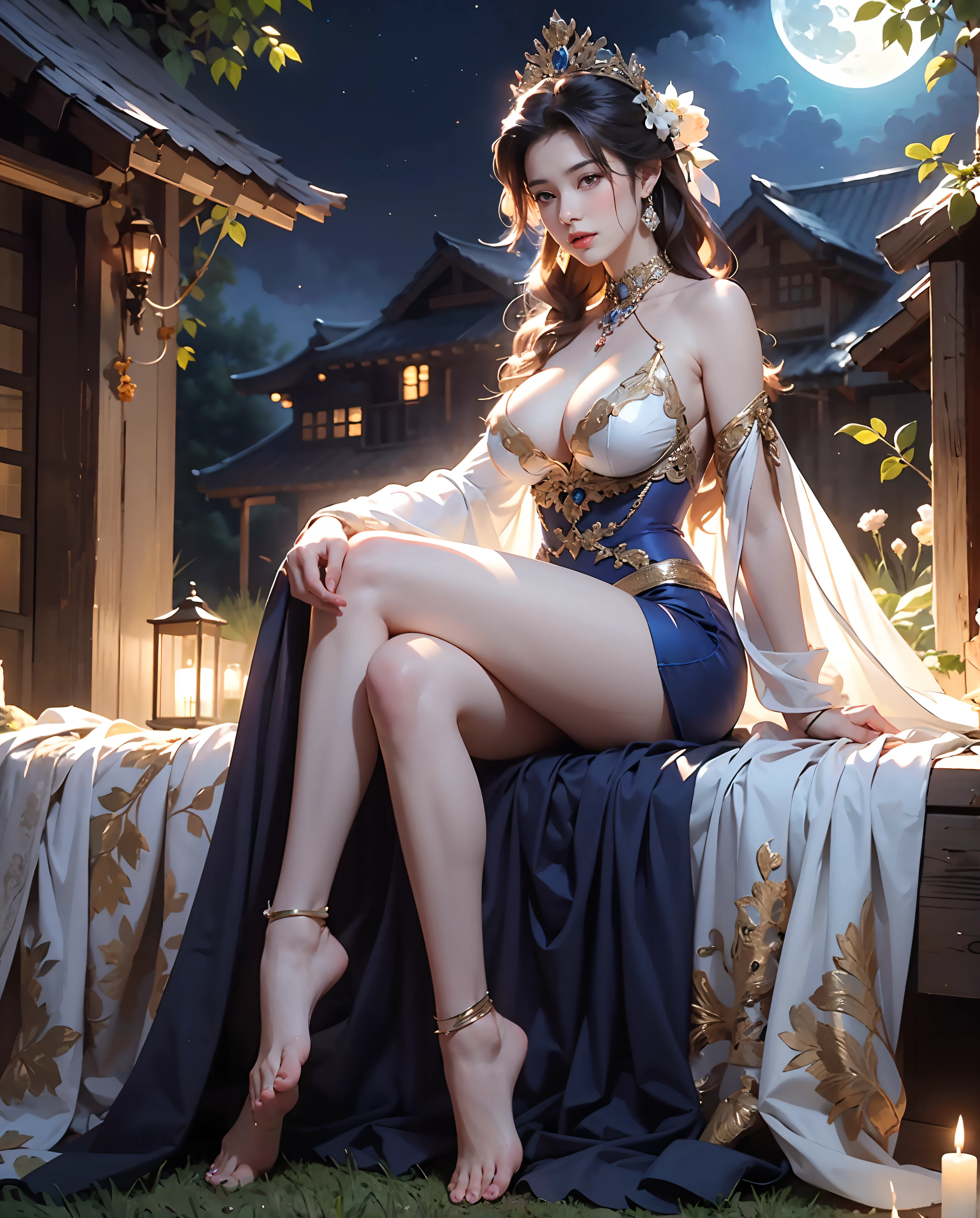 Best quality, masterpiece, meticulous detail, realistic, 1 girl, a hot beautiful princess bare footed, sitting in the heavenly garden under the moonlight, big breast, big hips, long leg, sexy, full body, blissful