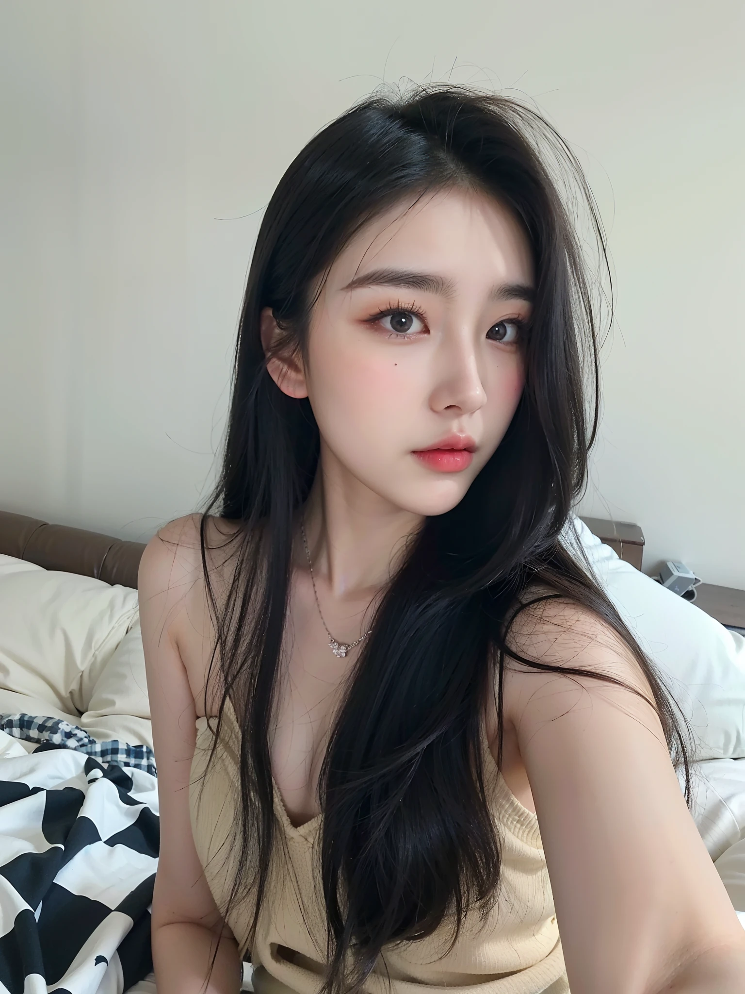 An Alafi woman with long black hair sat on the bed, Gorgeous young Korean woman, beautiful Korean women, Korean girl, Beautiful young Korean woman, ulzzangs, 19-year-old girl, Korean woman, gorgeous chinese models, xintong chen, 8k selfie photograph, dilraba dilmurat, young cute wan asian face