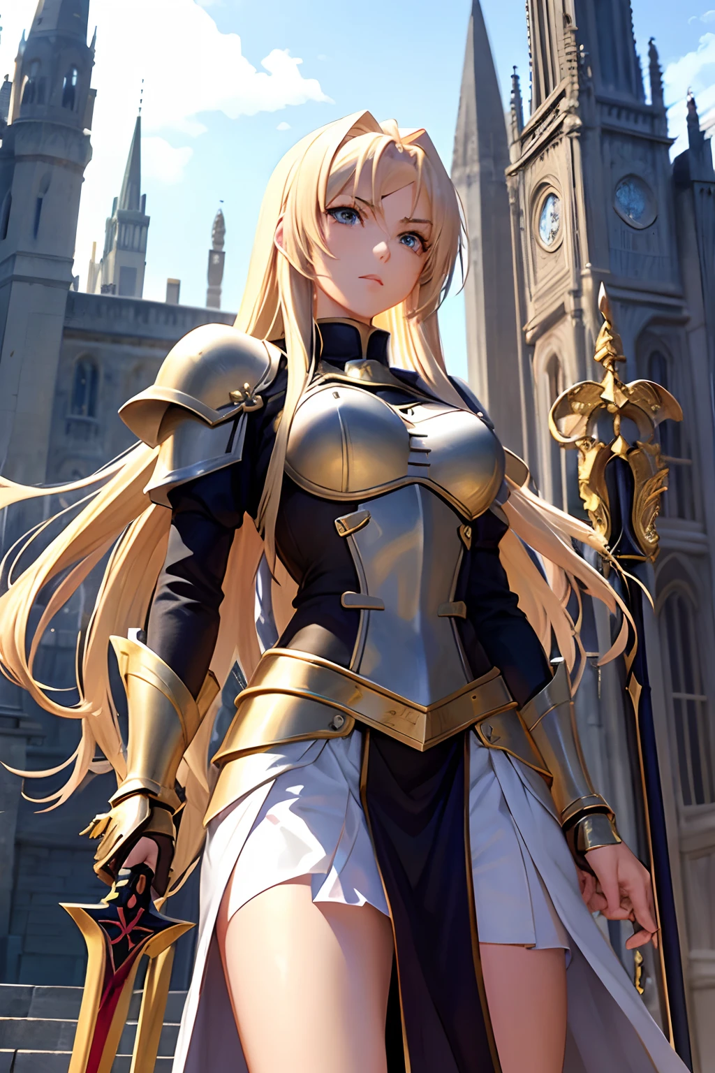 A 25 year old woman, blonde hair, wears golden armor, with a spear in her hand, anime, medieval, Fate Stay Night Style.