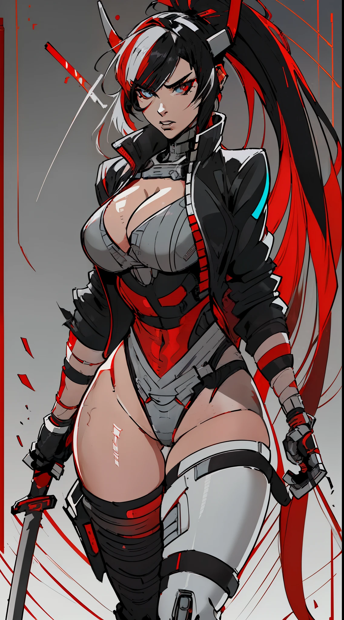 (best quality, masterpiece, anime) (solo) ((black hair:1.8), (hair with red highlights:1.7), (very long hair, single ponytail)), ((heterochromia_eyes_red_and_grey:1.4)), thick thighs, huge breasts, muscular, athletic, (cyborg:1.5), (robot arms:1.4), (robot legs:1.4), ((highcut leotard:1.8), one-piece, red_black_outift:1.3,) cleavage)), (jacket:1.3), (headgear, horn-like devices), toned body, 1 woman, (age 26), ((holding sword:1.6, katana, glowing)), beautiful, sexy, first rate body, (Lucia_Crimson_Weave:1.4), Lucia