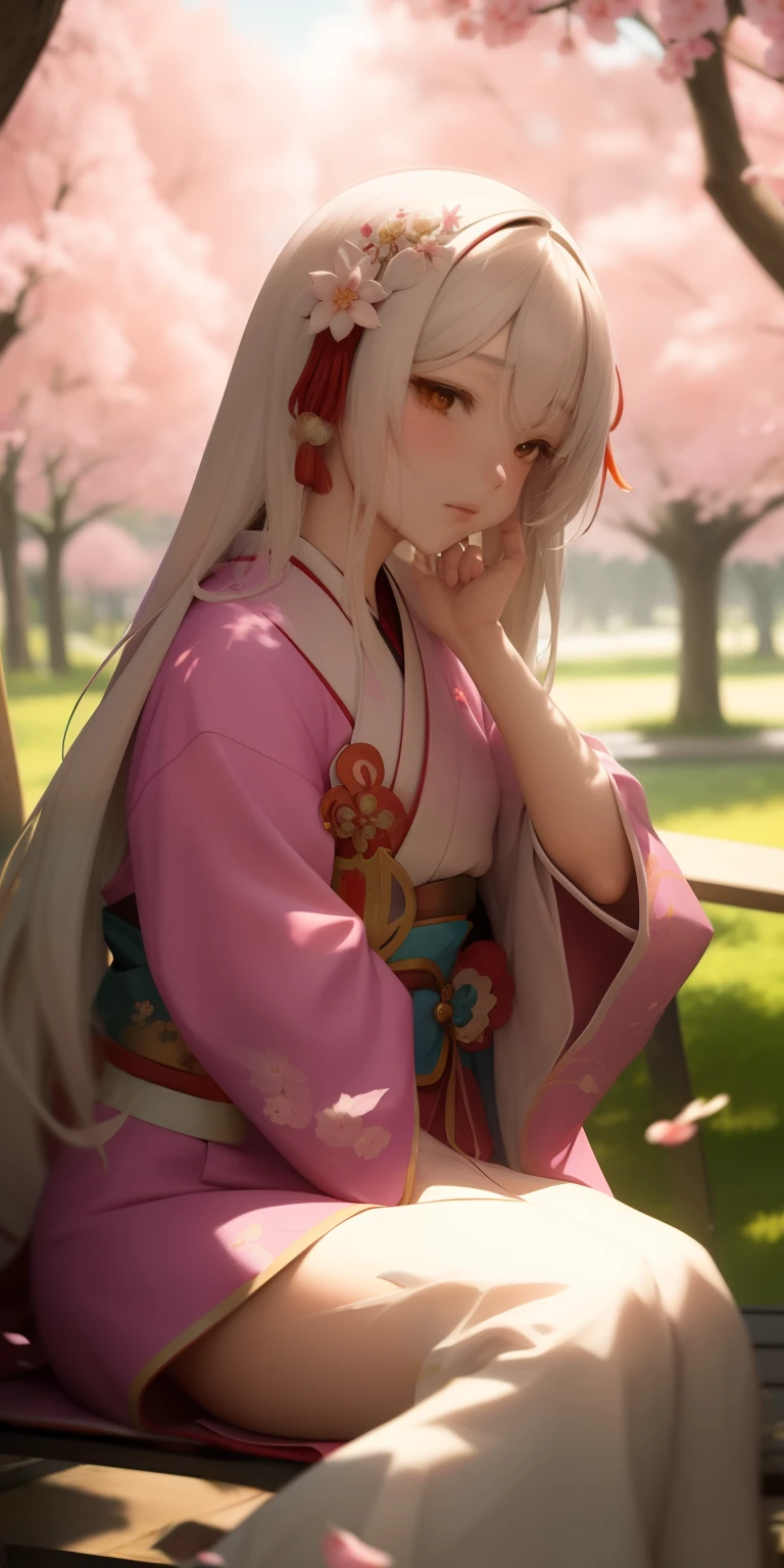 Anime girl sitting on a park bench with cherry blossoms, flowing hair and long robes, white haired god, artwork in the style of guweiz, Haruno Sakura, guweiz on pixiv artstation, portrait onmyoji, made with anime painter studio, Trending on ArtStation pixiv, palatial palace , a girl in hanfu, Beautiful Anime Portrait