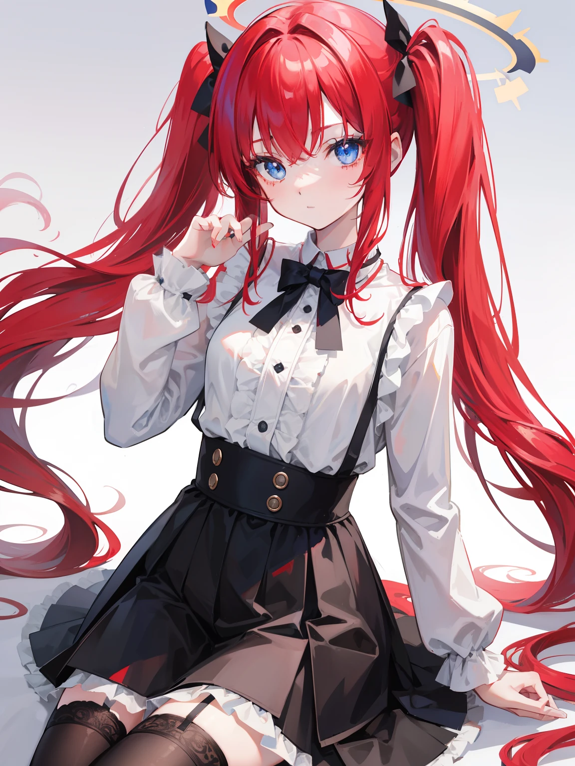 Red hair,Blue eyes,Twintails, Long hair, Solo, Loli, Black stockings,{{Best quality}}, {{Masterpiece}}, {{Ultra-detailed}}, {illustration}, {Detailed light}, {An extremely delicate and beautiful},,Cute,Angel, halo