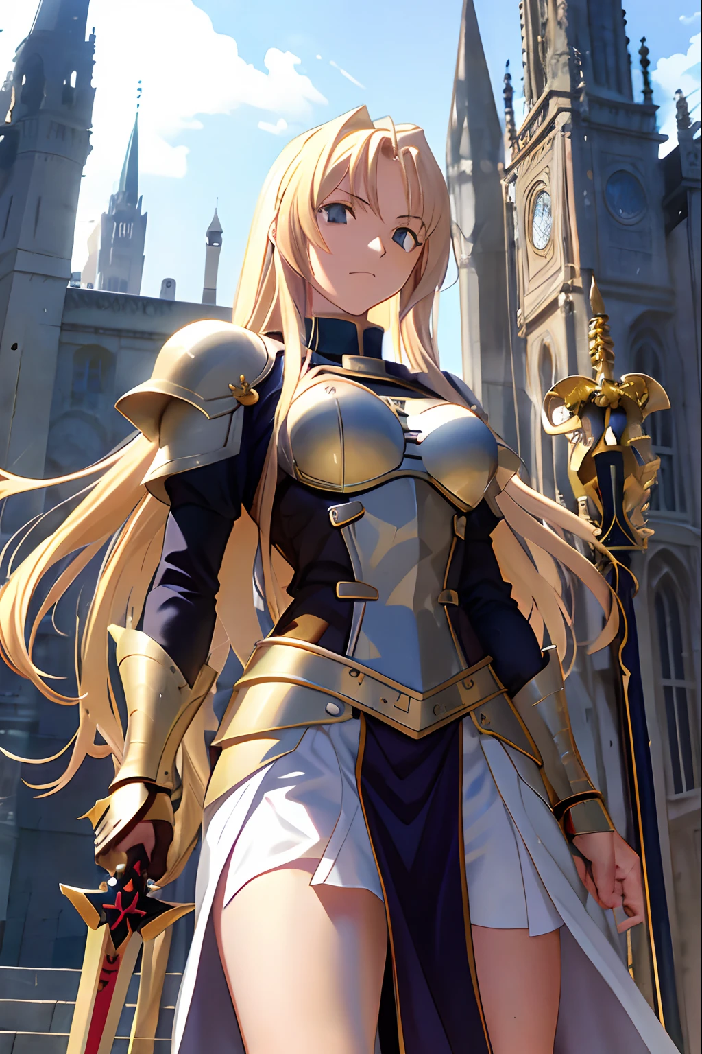 uma mulher de 25 anos, blonde hair, usa armadura dourada, with a spear in his hand, anime, medieval, Fate Stay Night Style.