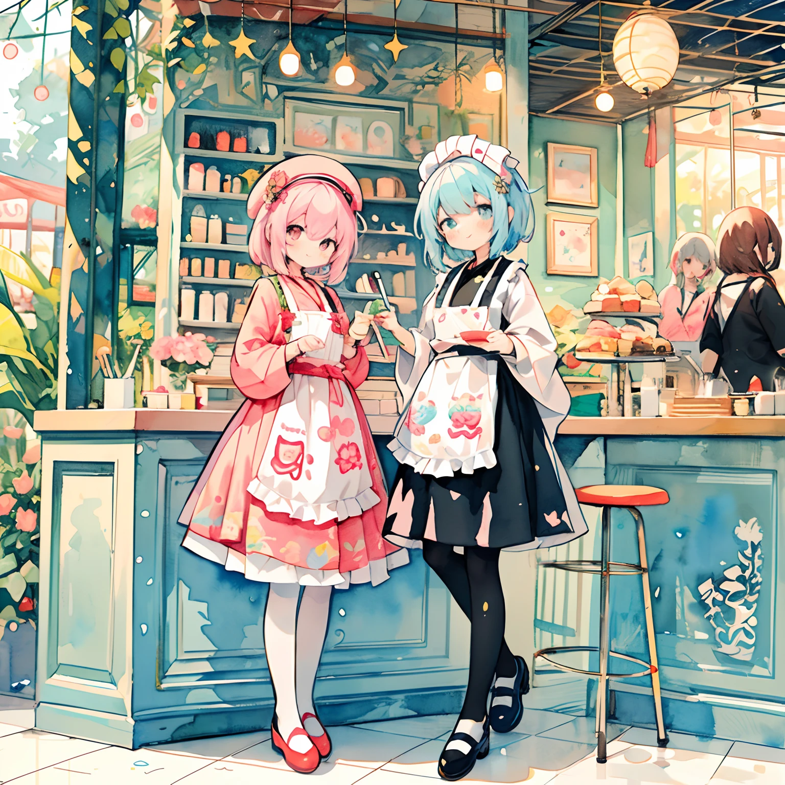 (PastelColors:1.5)、(Cute illustration:1.5)、(watercolor paiting:1.2)、1 Youth Full Body Subian、facing front、Beautiful fece、Fashionable design clothes、Red and white apron、Stylish apron、Chinese、White and red motifs、short-hair、Red beret、Cook、Fantasia、Clear、Happiness、kirakira、smil、The best smile、Illustration of a person wearing an apron、Kawaii Girl、Happy smiling face、The best smile、Holding a dish in hand、Tasty-looking dishes、Cafe clerk