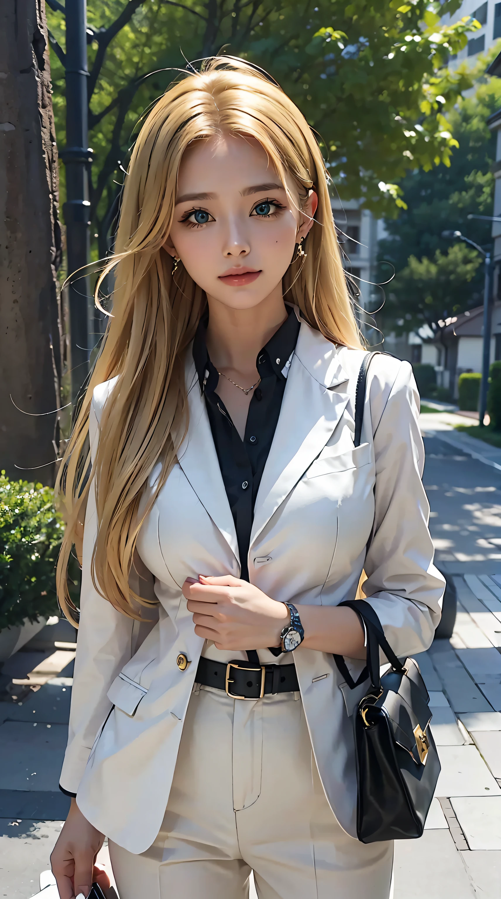 masterpiece, best quality, , 1girl, solo, looking at viewer, , depth of field, asia_argento, blonde hair, green eyes, beautiful, beautiful woman, perfect body, perfect breasts, wearing a white formal shirt , black blazer, black trousers, handbag, wearing a watch, wearing earrings, in public, being in tokyo city, being on the street, looking at the viewer, a slight smile, realism, masterpiece, textured leather, super detailed, detailed high, high quality, best quality, 1080p, 16k