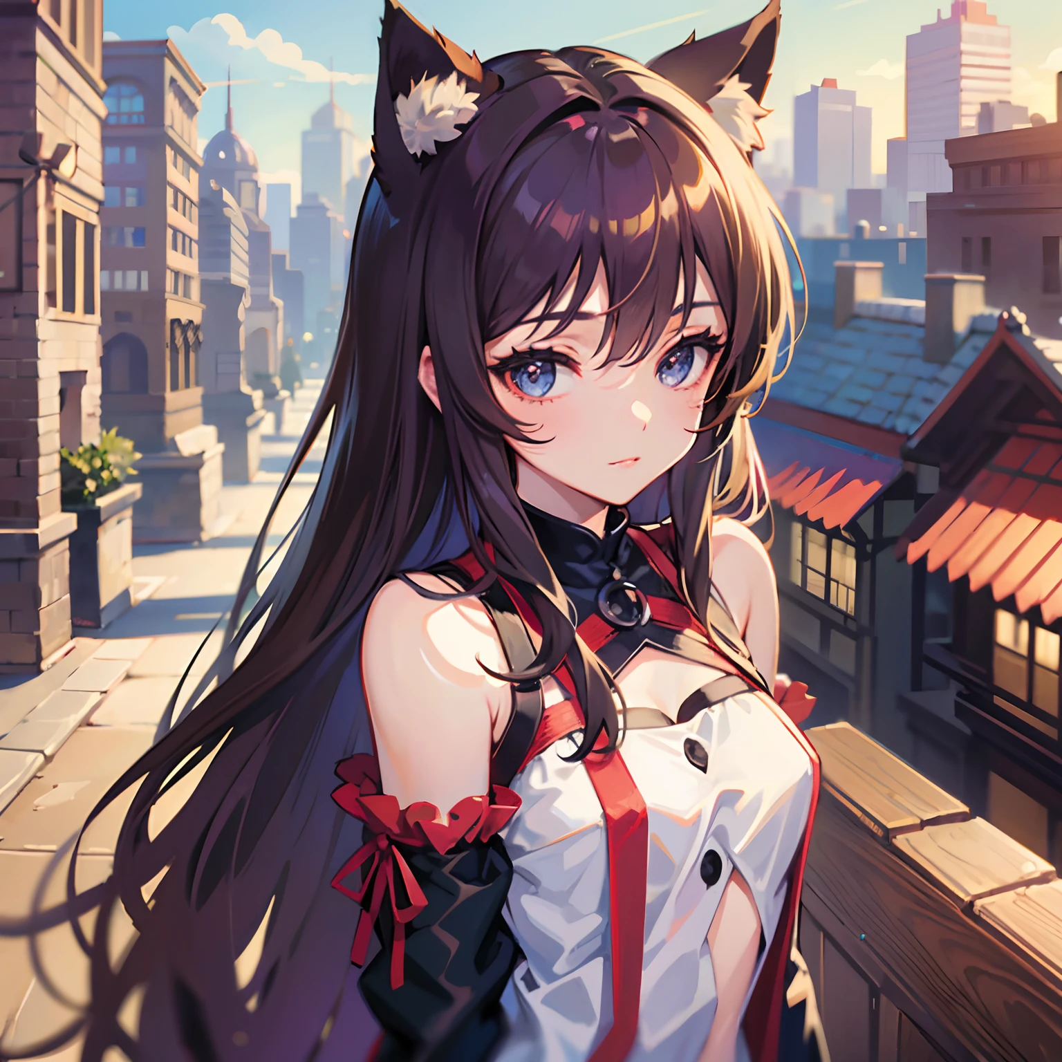((Best Quality, 8K)) Anime girl with long hair and cat ears standing in front of the city, Rin Tosaka, anime moe art style, anime style like Fate/stay night, anime girl with long hair, very cute anime girl face, nightcore, from the front line of girls, cute anime girl portrait, anime girl with cat ears, High quality anime art style, "beautiful anime woman", red little ribbon on head