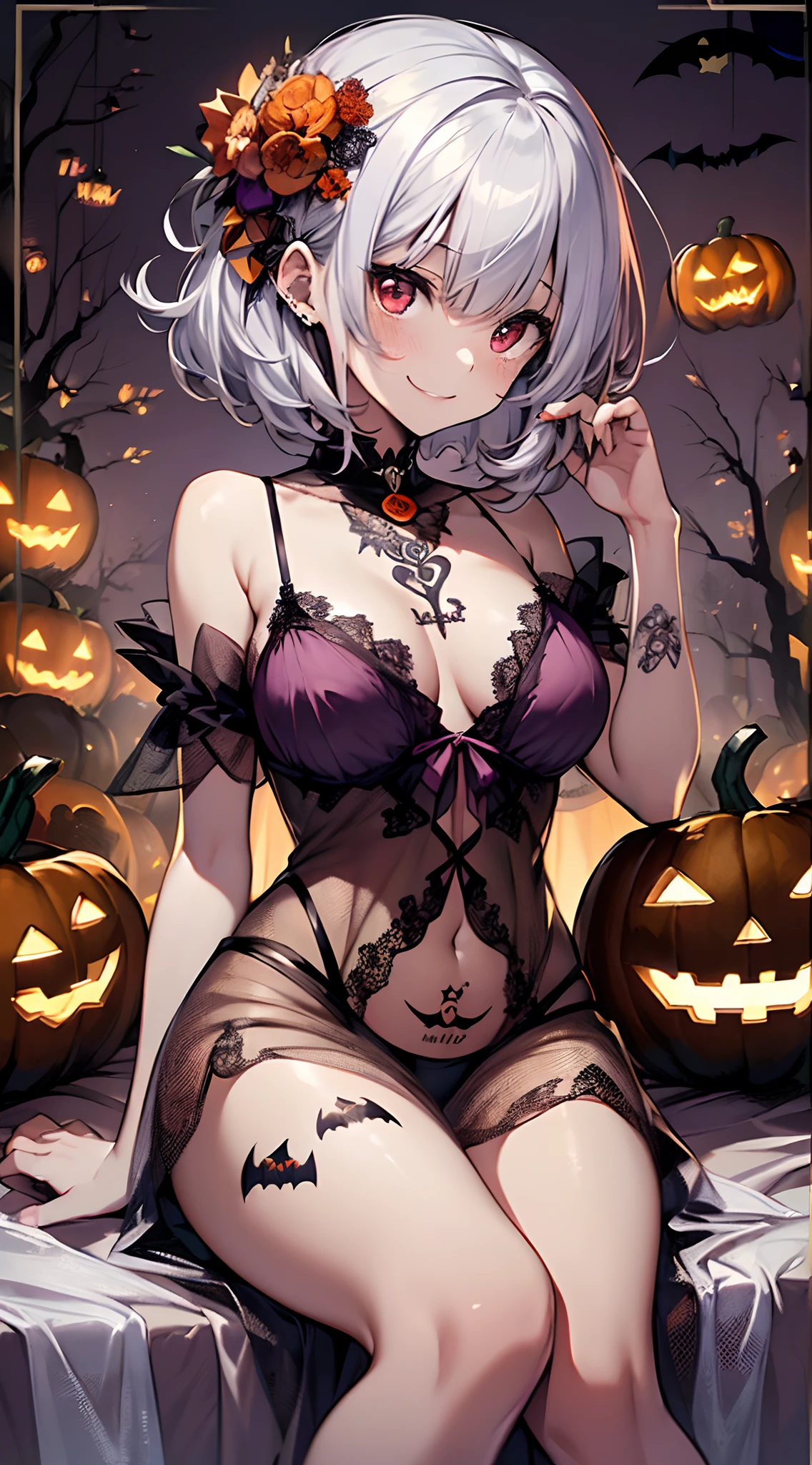 top-quality、Top image quality、in 8K,4K,​masterpiece、(NSFW:1.1)、ultra-detailliert、Beautiful、ultra-quality、adult-like、Cool、girl with(((18year old、negligee:1.3、Have a jack-o'-lantern、Bust 78、silber hair、a short bob、Red Eyes、erotick:1.4、Happiness、The tattoo)))、hiquality、visualart、Background with((Halloween:1.2、Bedrooms:1.4))、masutepiece