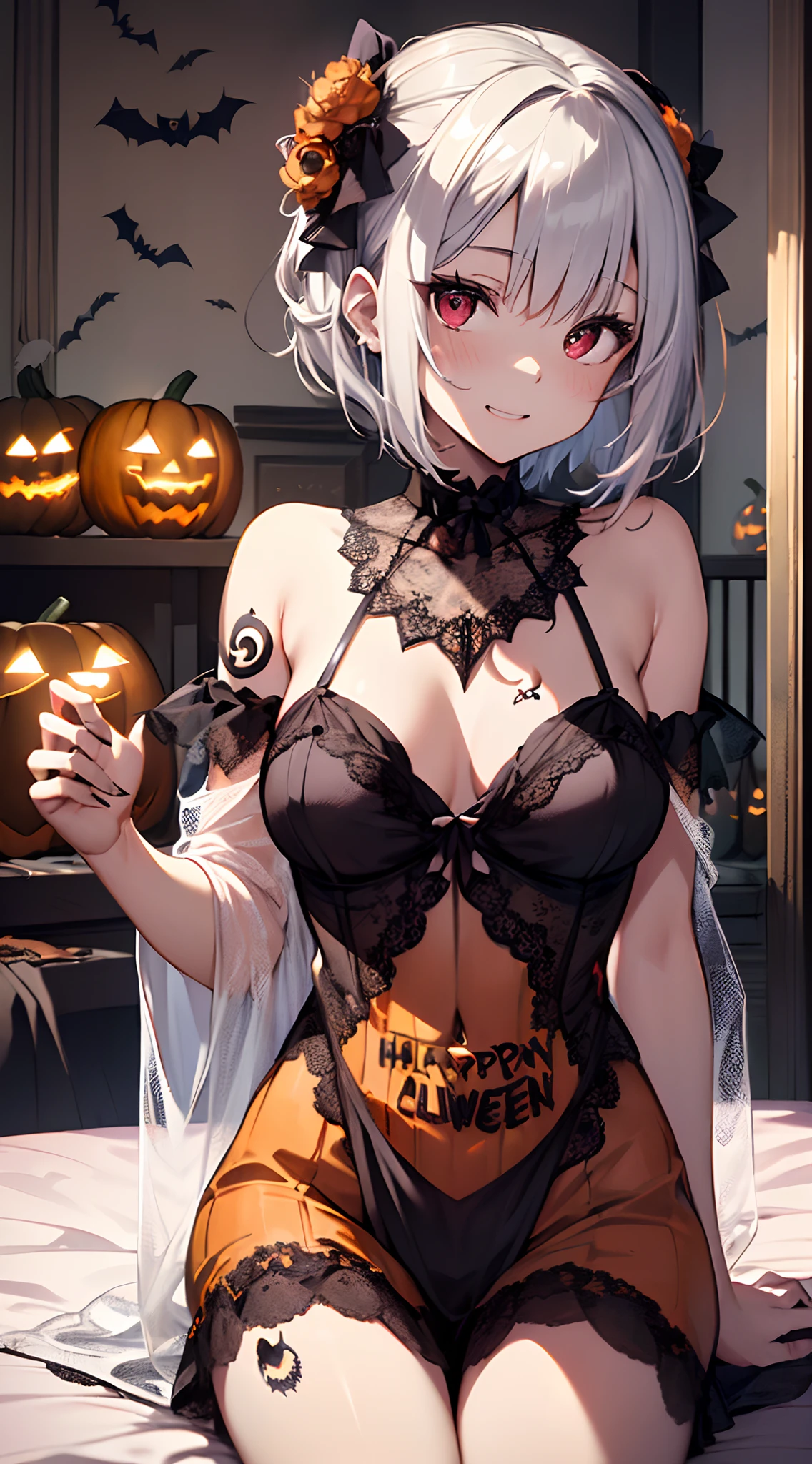 top-quality、Top image quality、in 8K,4K,​masterpiece、(NSFW:1.1)、ultra-detailliert、Beautiful、ultra-quality、adult-like、Cool、girl with(((18year old、negligee:1.3、Have a jack-o'-lantern、Bust 78、silber hair、a short bob、Red Eyes、erotick:1.4、Happiness、The tattoo)))、hiquality、visualart、Background with((Halloween:1.2、Bedrooms:1.4))、masutepiece