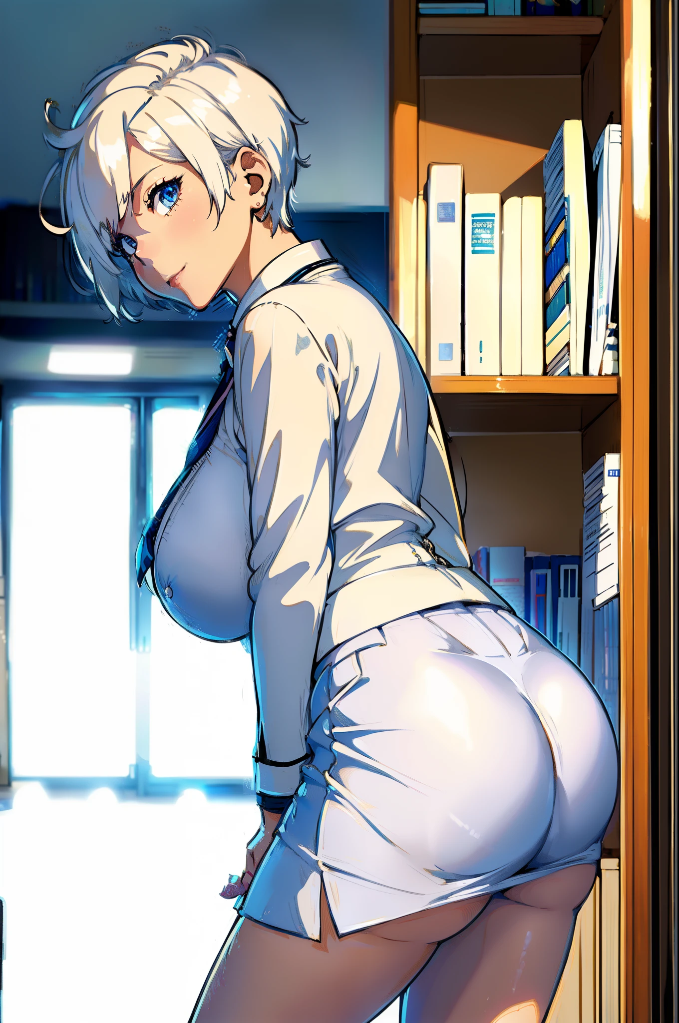 Masterpiece, best quality, 1 girl, office girl, short white hair, smile, office uniform, shiny skin, thin waist, huge breasts, formal uniform, white blouse and tie, ((short straight skirt)), high heels, bookcase, depth of field, back to viewer, squat, back squat pose, low angle shot from behind, upper body, low angle rear view,