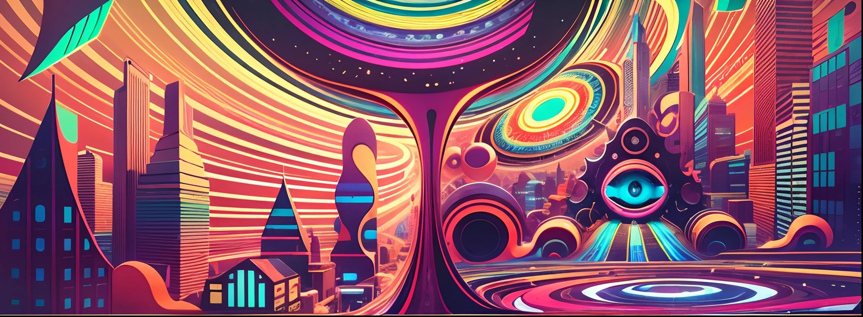 ((The city of the future)),(Best quality,4K,8K,A high resolution,Masterpiece:1.2),Ultra-detailed, [Vibrant colors], [psychedelic patterns], [Sparkling textures], [Abstract shapes], [Unique design], [A mesmerizing glow], [Creative composition], [Playful elements], [Dreamlike atmosphere], [Artistic expression], [fantasy surrealism], [energetic movement], [futurism aesthetic], [Magical charm], [Bold and energetic], [Psychedelic vibes], [Neon lights], [Eclectic combinations], [Ethereal beauty], [An otherworldly experience], [Whimsical touch], [Sensory overload], [mind-bending illusions], [electric energy], [Hypnotic vision], [Mysterious nature], [Imaginative footwear], [eye - catching detail], [dynamic contrast], [Psychedelic color palette], [delicate craftsmanship], [Attractive visuals], [Fascinating perspective], [Unconventional design], [Mindset expansion], [An unforgettable shock].