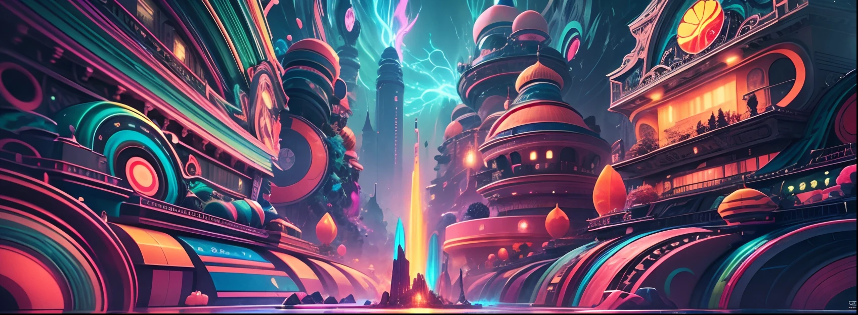 ((The city of the future)),(Best quality,4K,8K,A high resolution,Masterpiece:1.2),Ultra-detailed, [Vibrant colors], [psychedelic patterns], [Sparkling textures], [Abstract shapes], [Unique design], [A mesmerizing glow], [Creative composition], [Playful elements], [Dreamlike atmosphere], [Artistic expression], [fantasy surrealism], [energetic movement], [futurism aesthetic], [Magical charm], [Bold and energetic], [Psychedelic vibes], [Neon lights], [Eclectic combinations], [Ethereal beauty], [An otherworldly experience], [Whimsical touch], [Sensory overload], [mind-bending illusions], [electric energy], [Hypnotic vision], [Mysterious nature], [Imaginative footwear], [eye - catching detail], [dynamic contrast], [Psychedelic color palette], [delicate craftsmanship], [Attractive visuals], [Fascinating perspective], [Unconventional design], [Mindset expansion], [An unforgettable shock].