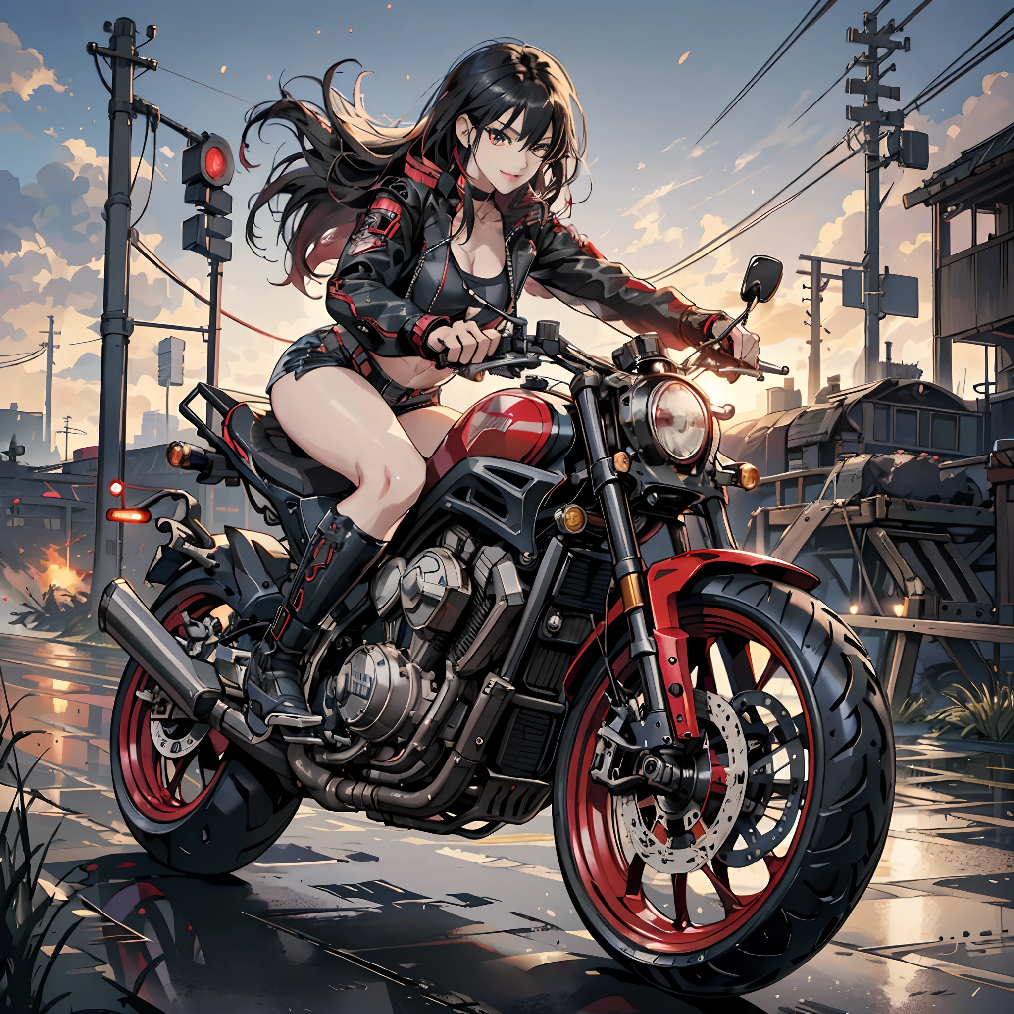 (Best Quality,4K,High resolution)、Anime girl riding motorcycle on futuristic city road, badass anime 8 K, akira motorcycle, anime style 4 k, akira's motorcycle, akira motorcycle, by Yang J, motorcycle concept art, by Yoshihiko Wada, akira artstyle, anime cyberpunk art, Anime art wallpaper 8k, by Jeremy Chong, motor cycle