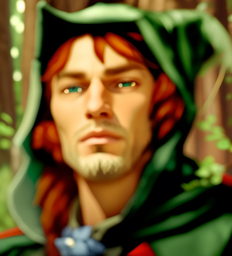 masterpiece, high quality, detailed photo, 8k, 4k, (1man), detailed head, detailed face, ultra-sharp focus, detailed eyes, detailed hair, (detailed head accessories), high resolution details, [detailed cloth|detailed armor|cloth light armor:1], (head hood), (ginger hair), heroes of might and magic hero portrait, a man in a green hood in a forest, portrait of a forest mage, d&d protagonist, a portrait of link, male wood elf rogue, portrait of fin wildcloak, kvothe from name of the wind, male elf ranger, wood elf, epic rpg portrait, boromir in an 80\'s anime world, zelda