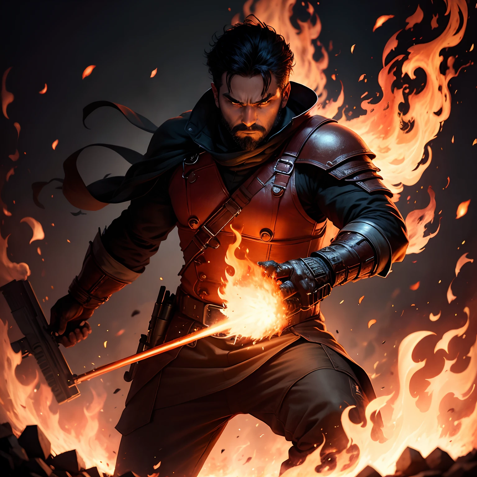 Dark background with fire and man having fire power
